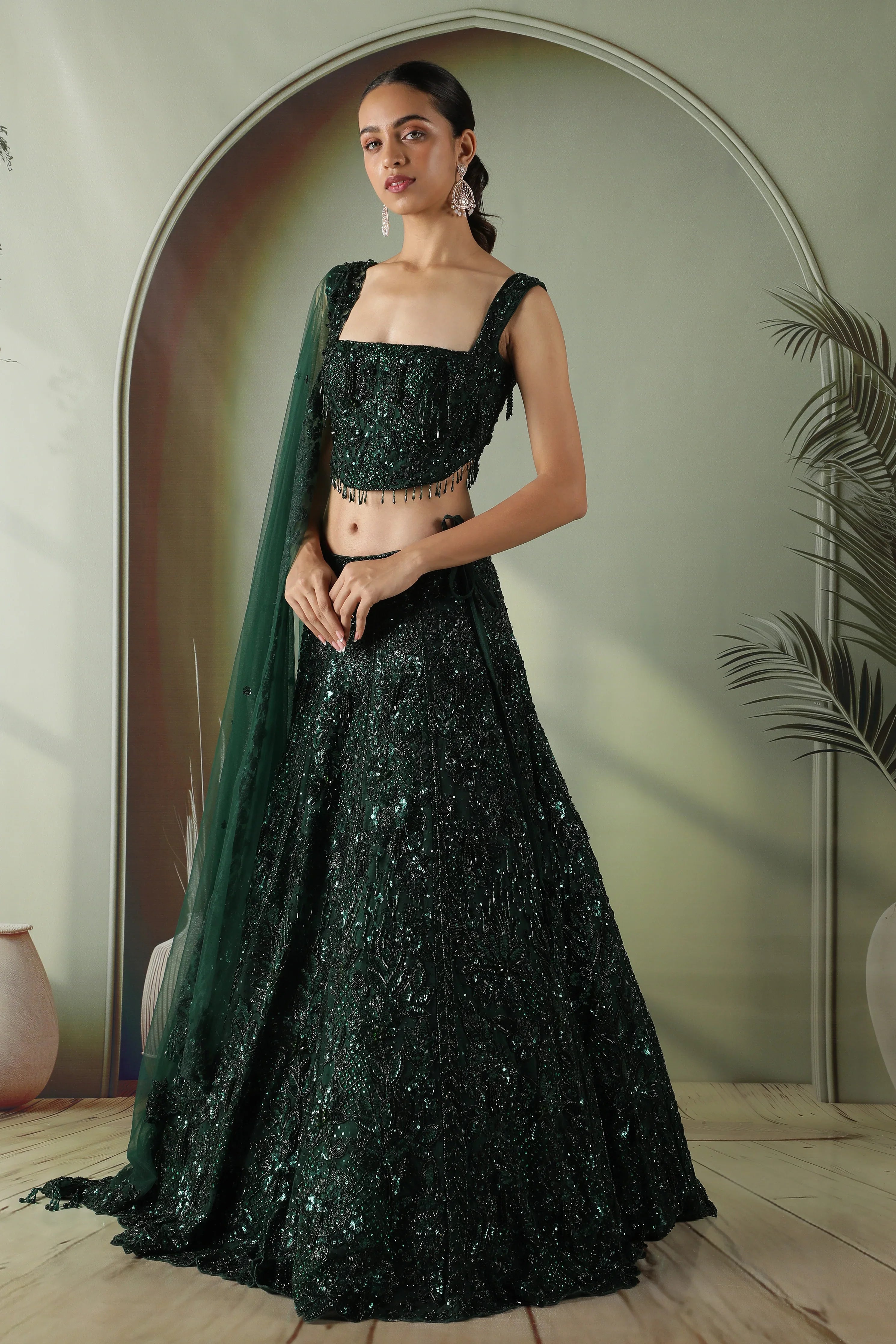 Bottle Green Net Lehenga Set with Sequin & Pearl Embroidery - Mokshaa