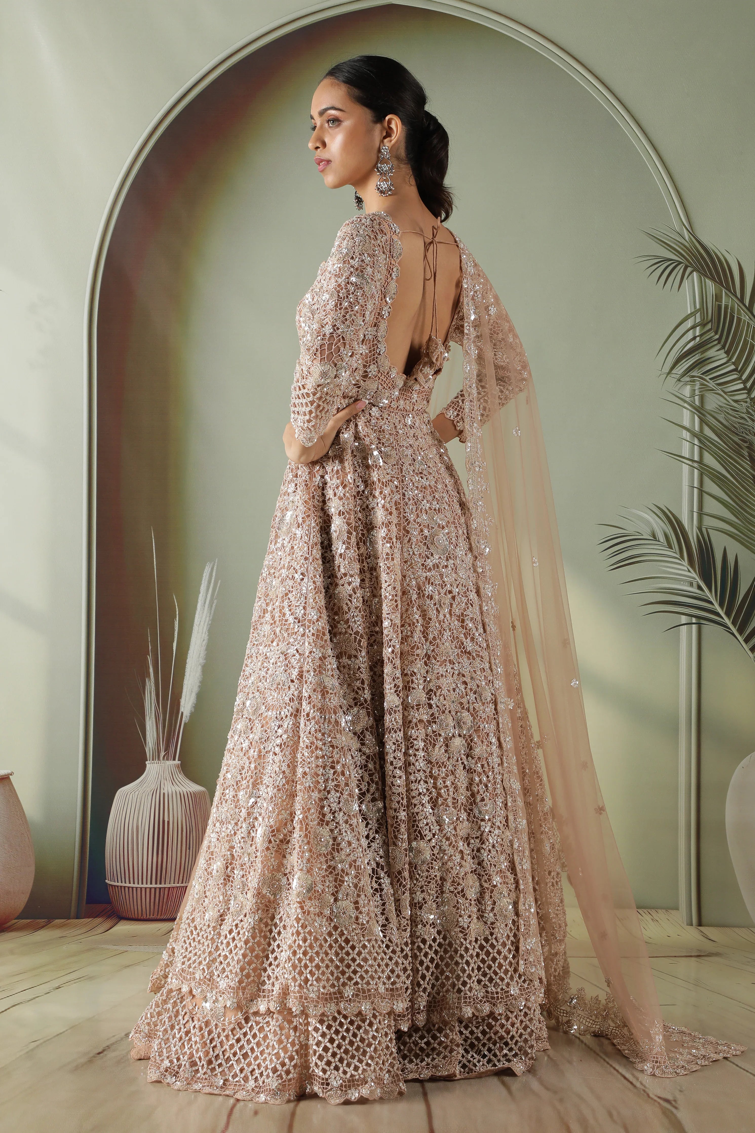 Dusty Peach Net Jacket Lehenga set - Mokshaa
