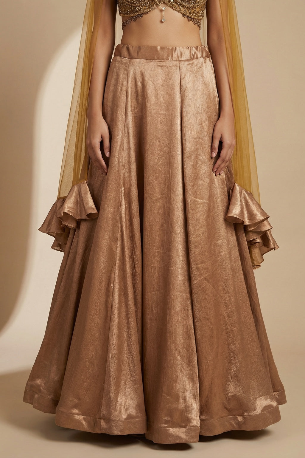 Copper Satin Silk Lehenga Set with Net Dupatta - Mokshaa