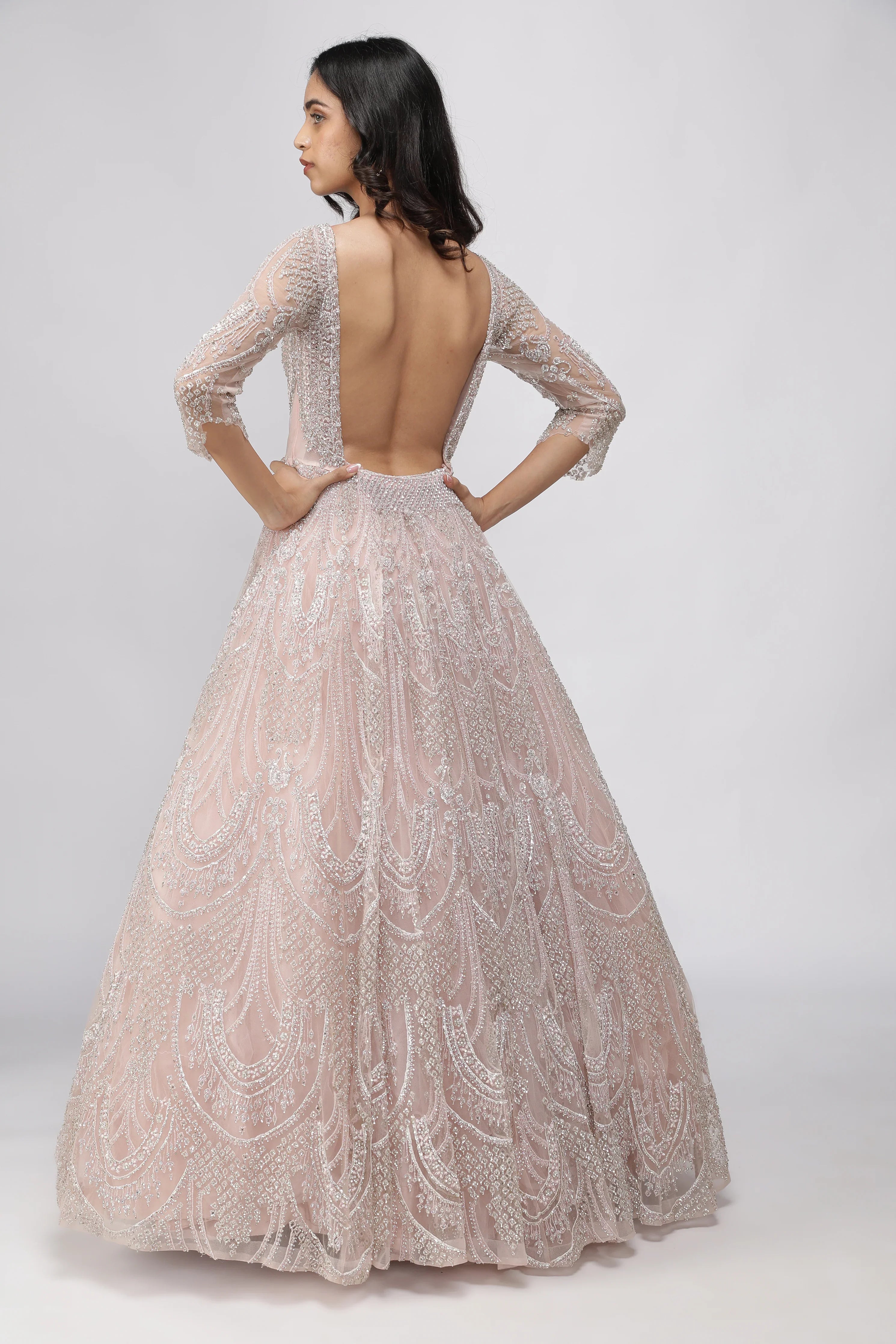 Blush Pink Net Gown with Stone, Cutdana & Sequin Embroidery - Mokshaa