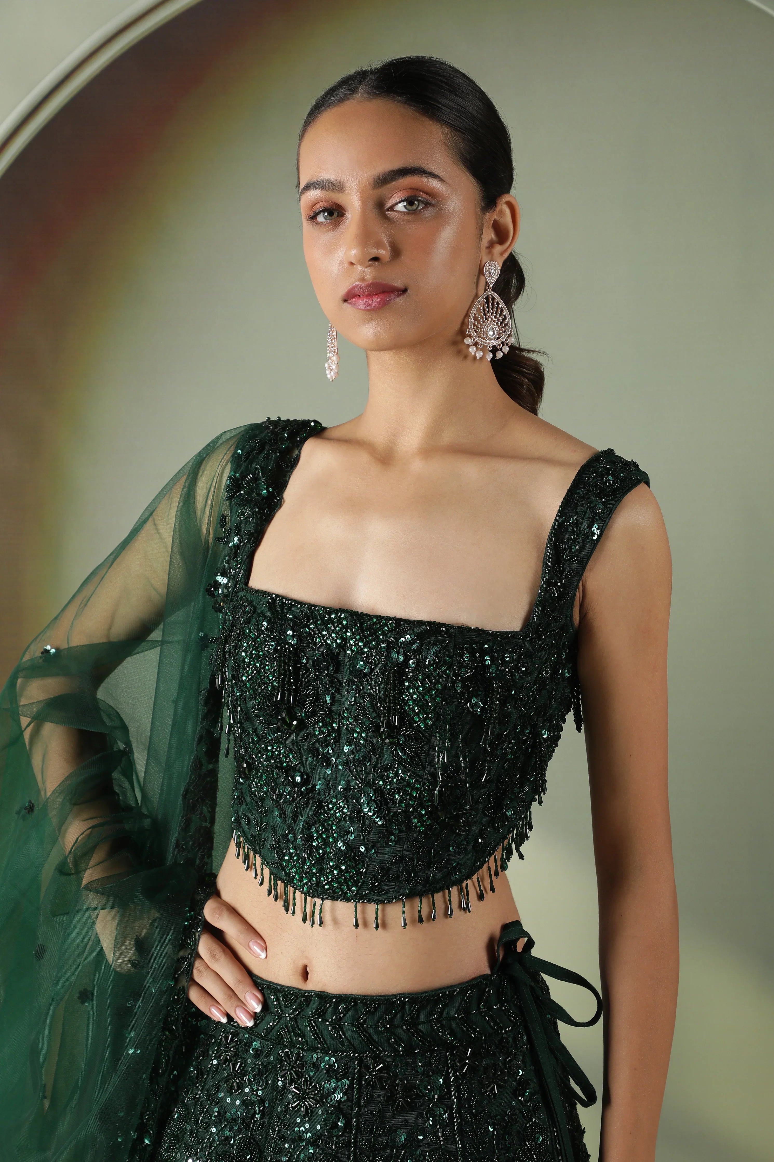 Bottle Green Net Lehenga Set with Sequin & Pearl Embroidery - Mokshaa