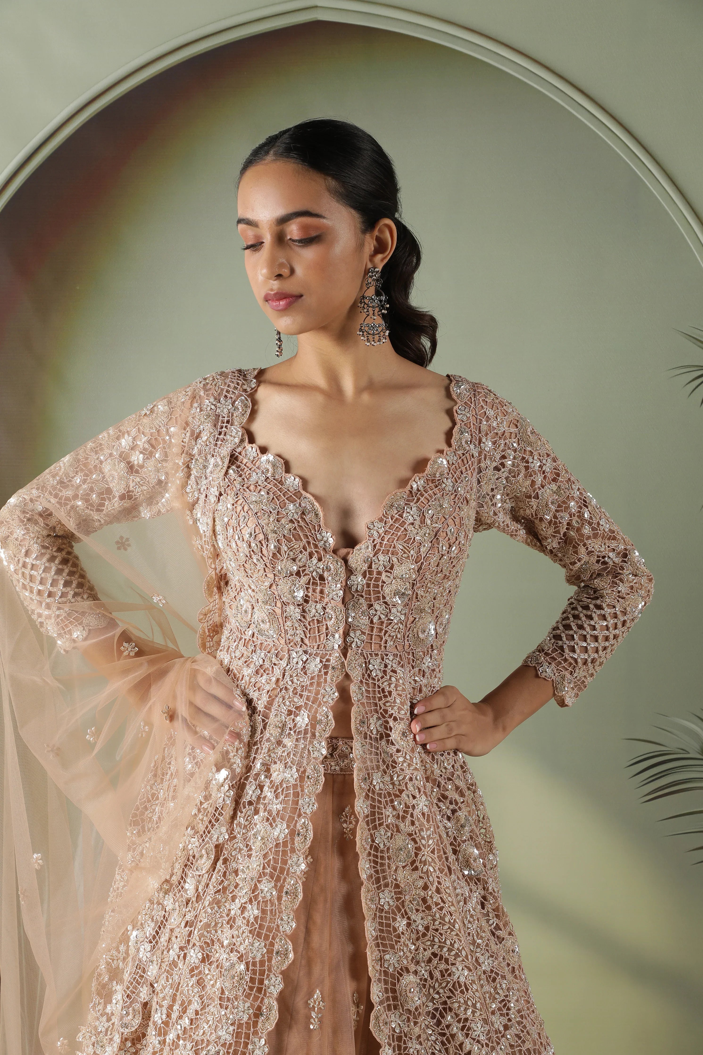 Dusty Peach Net Jacket Lehenga set - Mokshaa