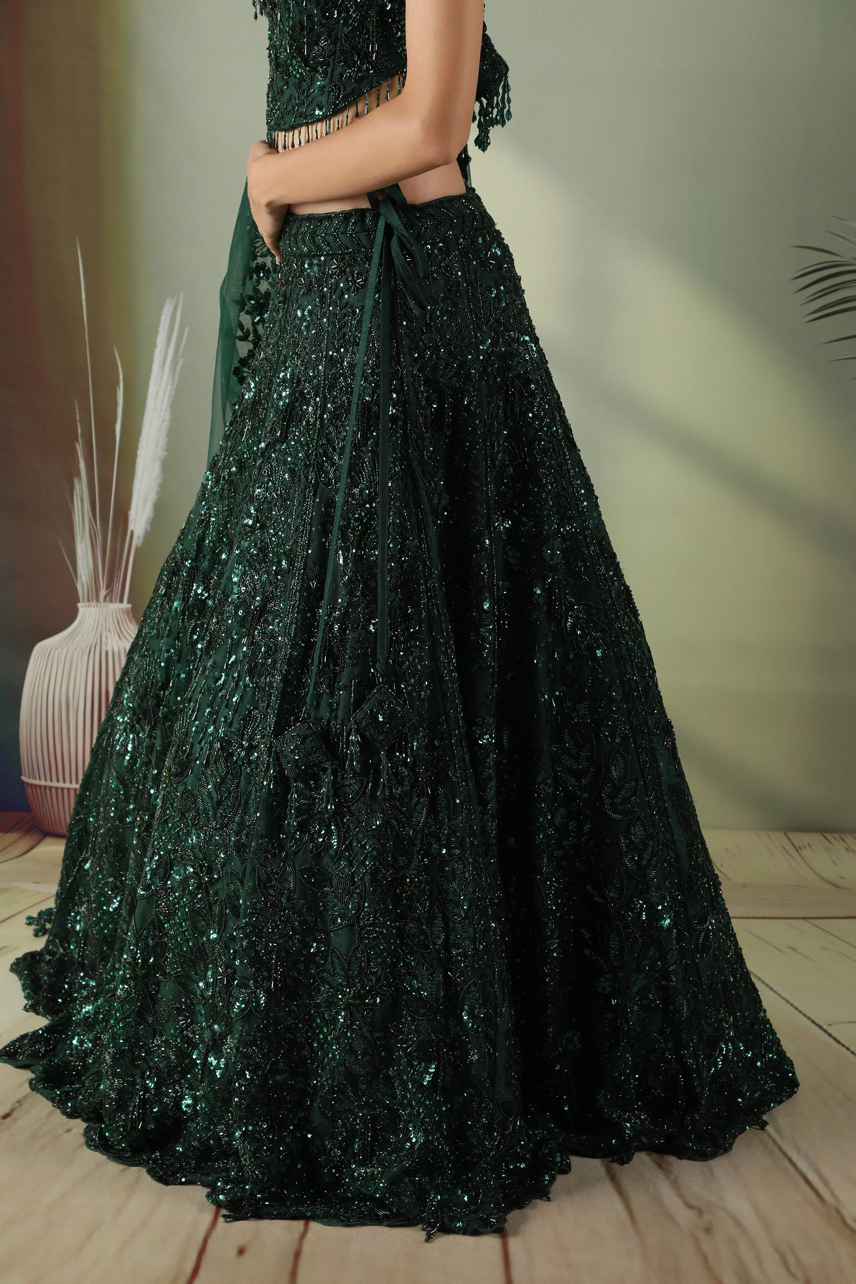 Bottle Green Net Lehenga Set with Sequin & Pearl Embroidery - Mokshaa