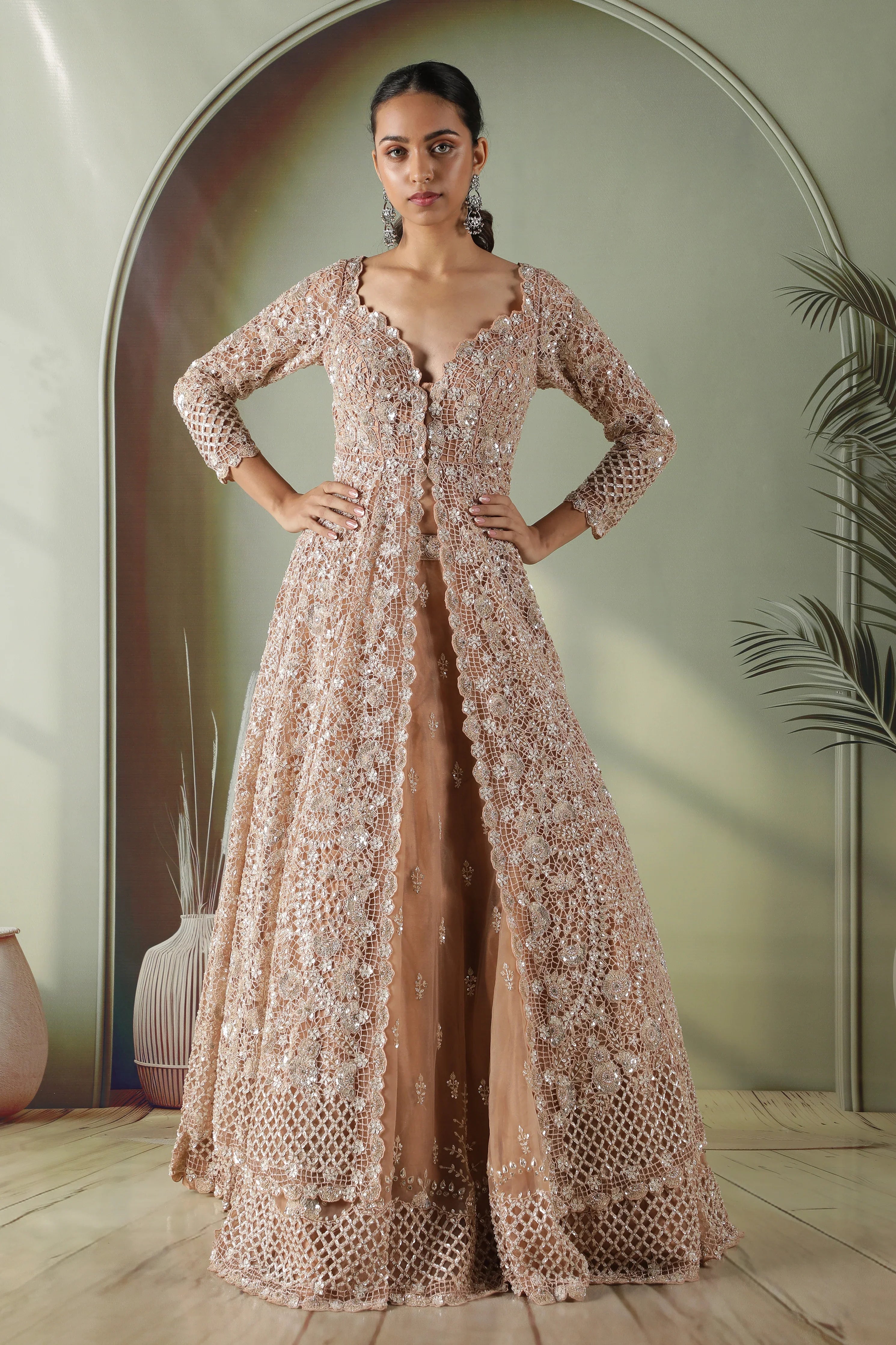 Dusty Peach Net Jacket Lehenga set - Mokshaa