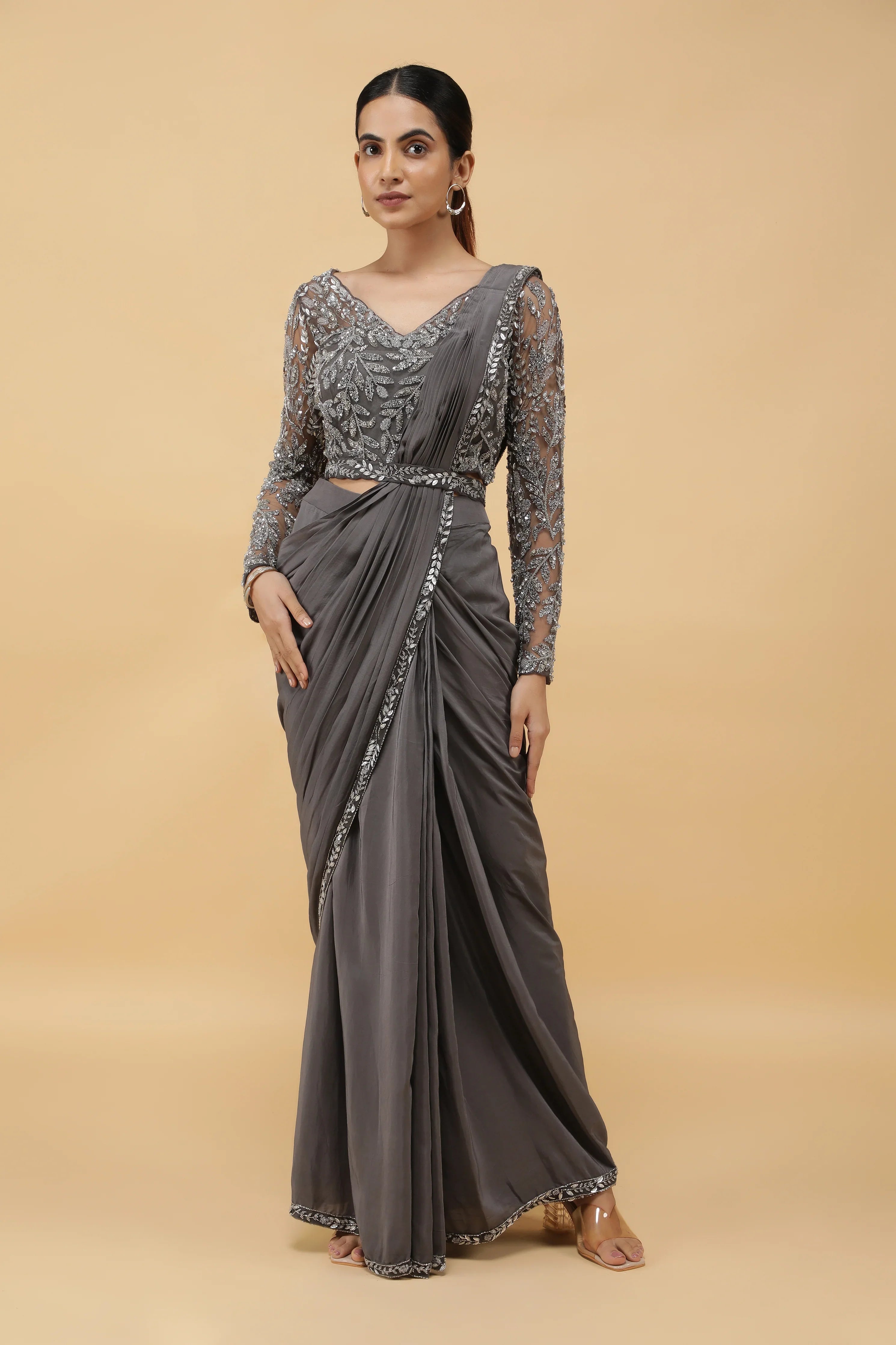 Charcoal Embroidered Drape Saree - Mokshaa