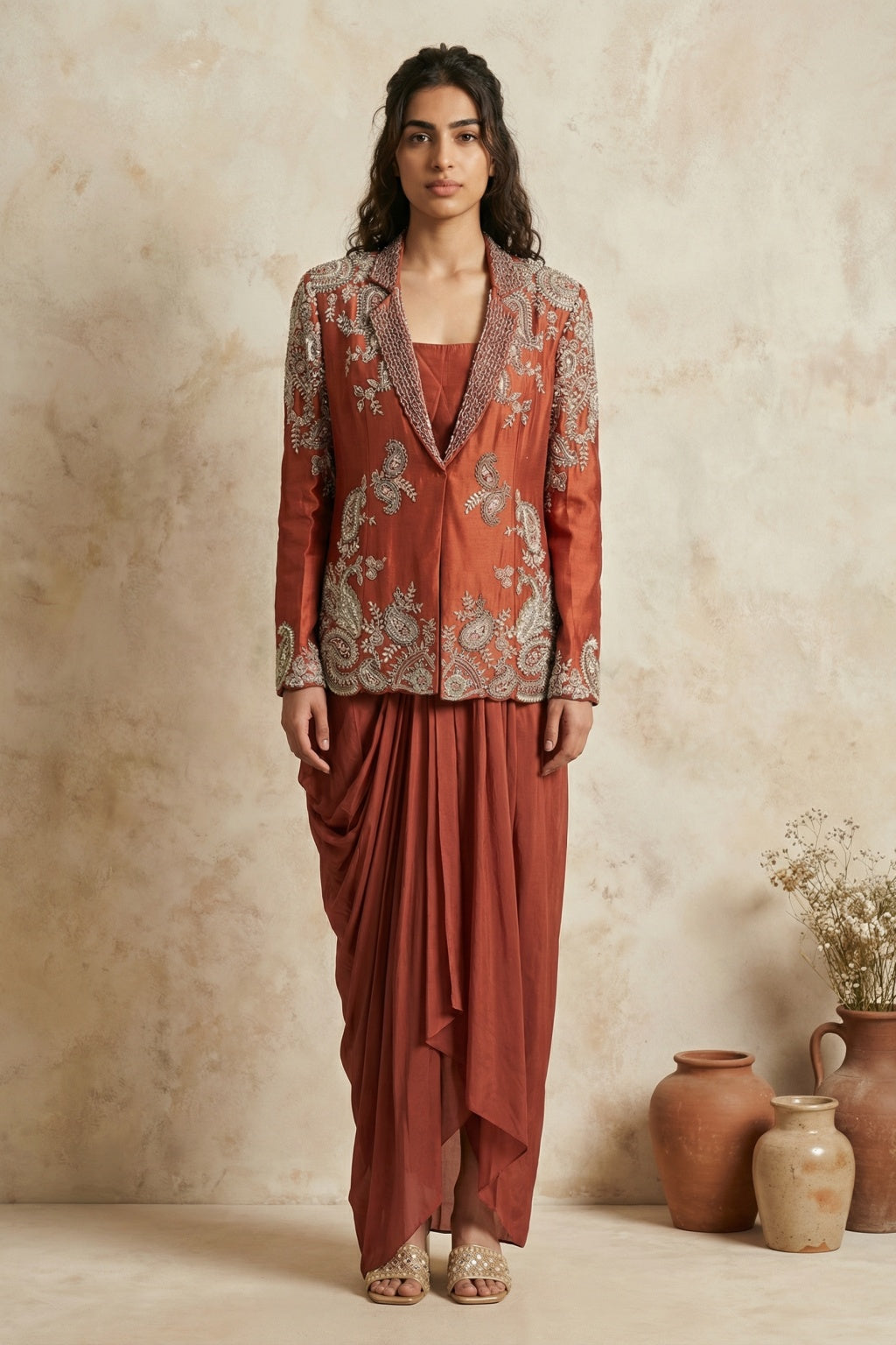 Rust Orange Blazer Skirt Set - Mokshaa