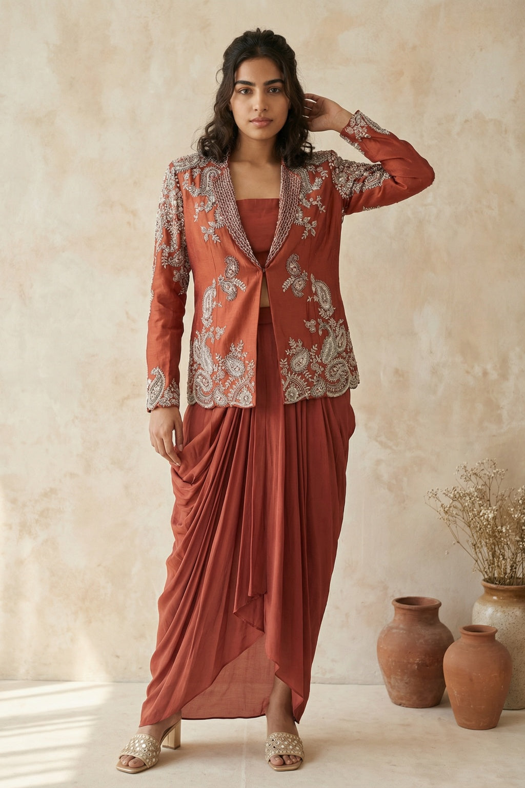 Rust Orange Blazer Skirt Set - Mokshaa
