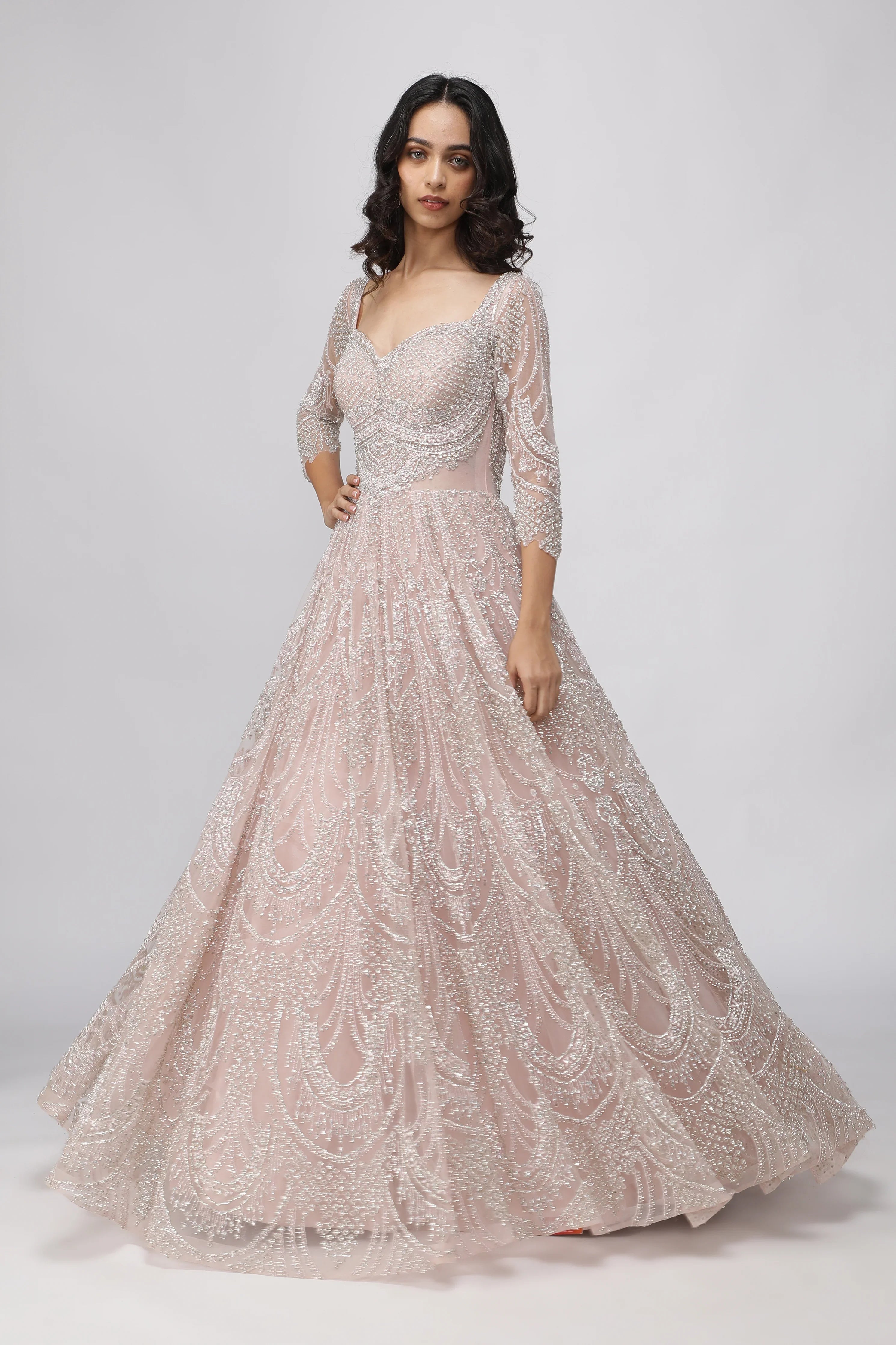 Blush Pink Net Gown with Stone, Cutdana & Sequin Embroidery - Mokshaa