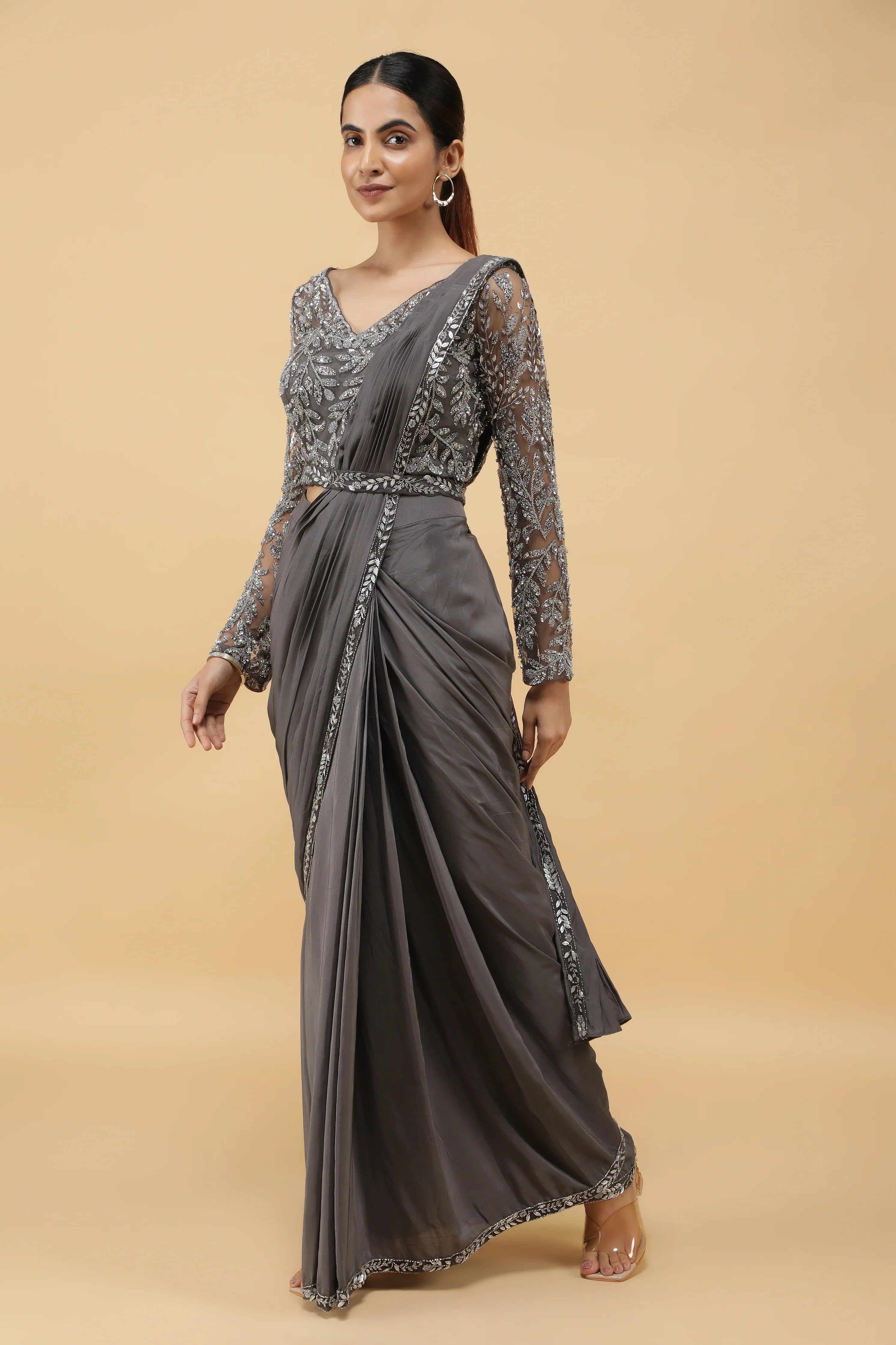 Charcoal Embroidered Drape Saree - Mokshaa