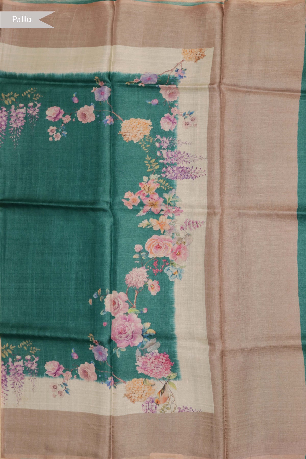 Peacock Green Floral Tussar Silk Saree - Mokshaa