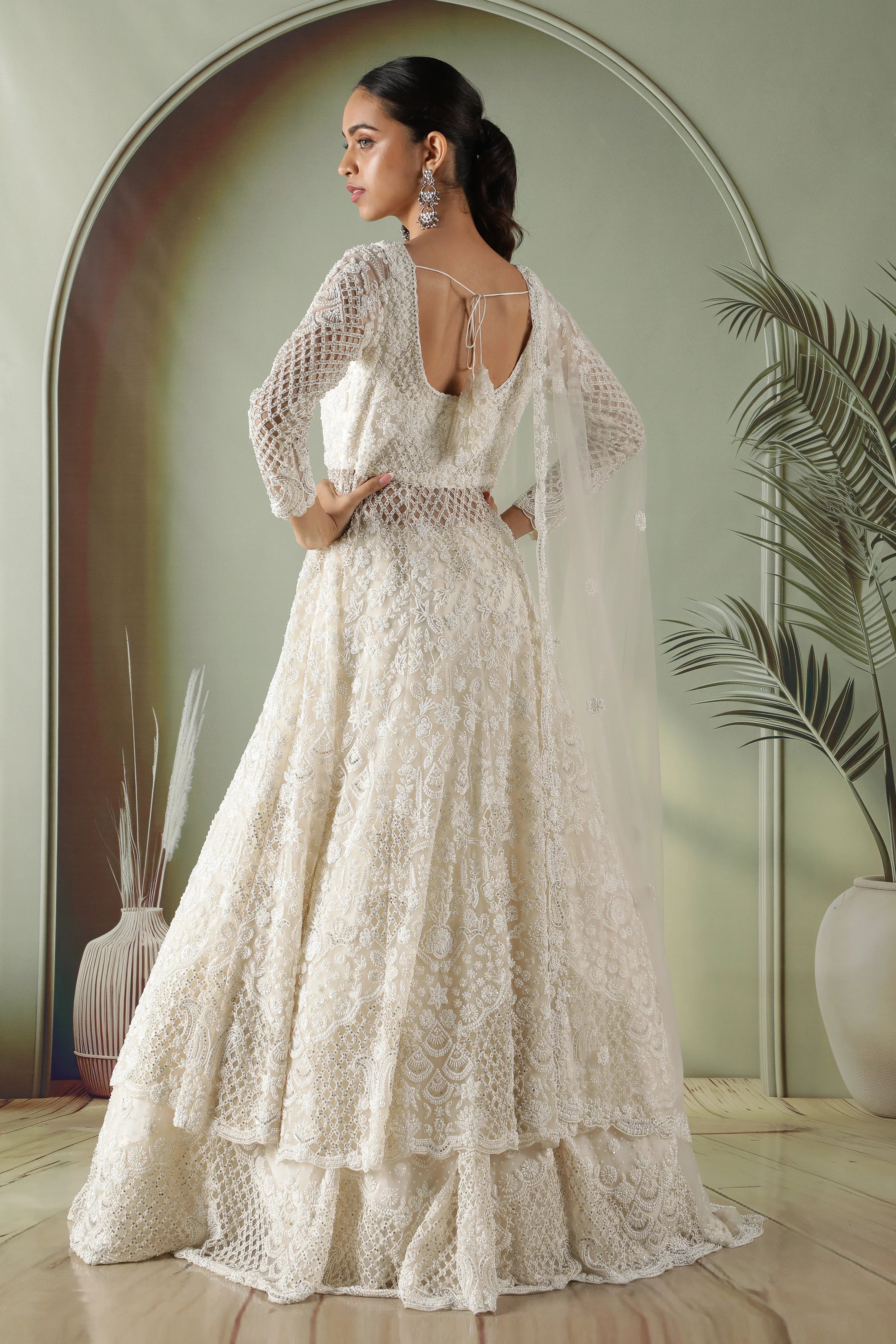 Radiant Pearl Cutwork Net Jacket Lehenga Set - Mokshaa
