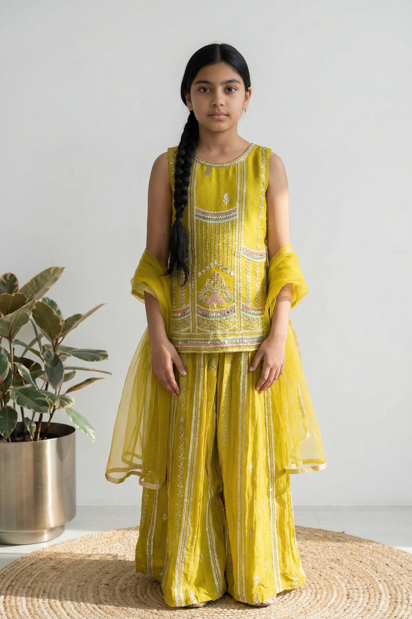 Mustard Yellow Embroidered Palazzo Set for Girls - Mokshaa