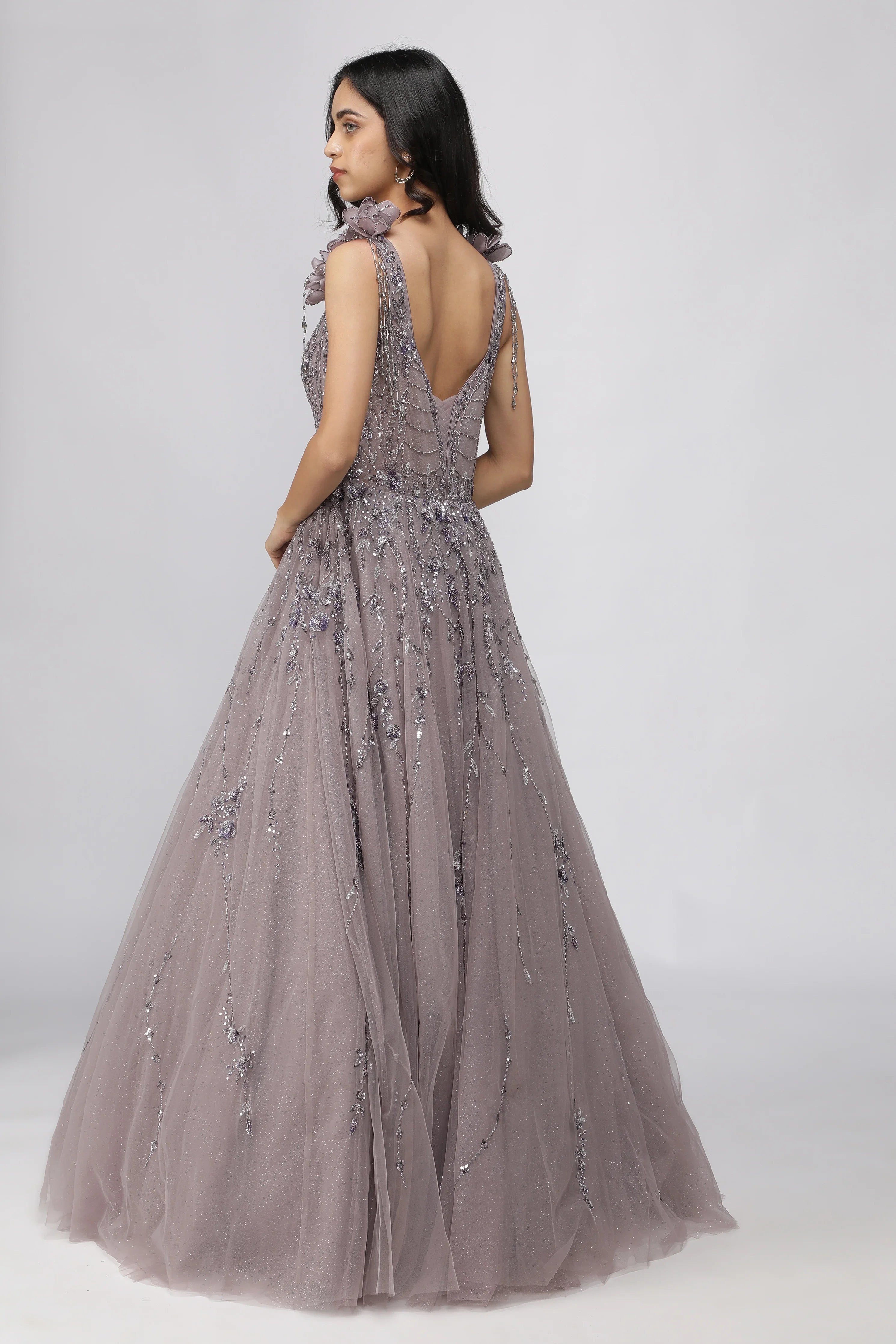 Dusty Purple Net Gown with Sequin and Pearl Embroidery - Mokshaa