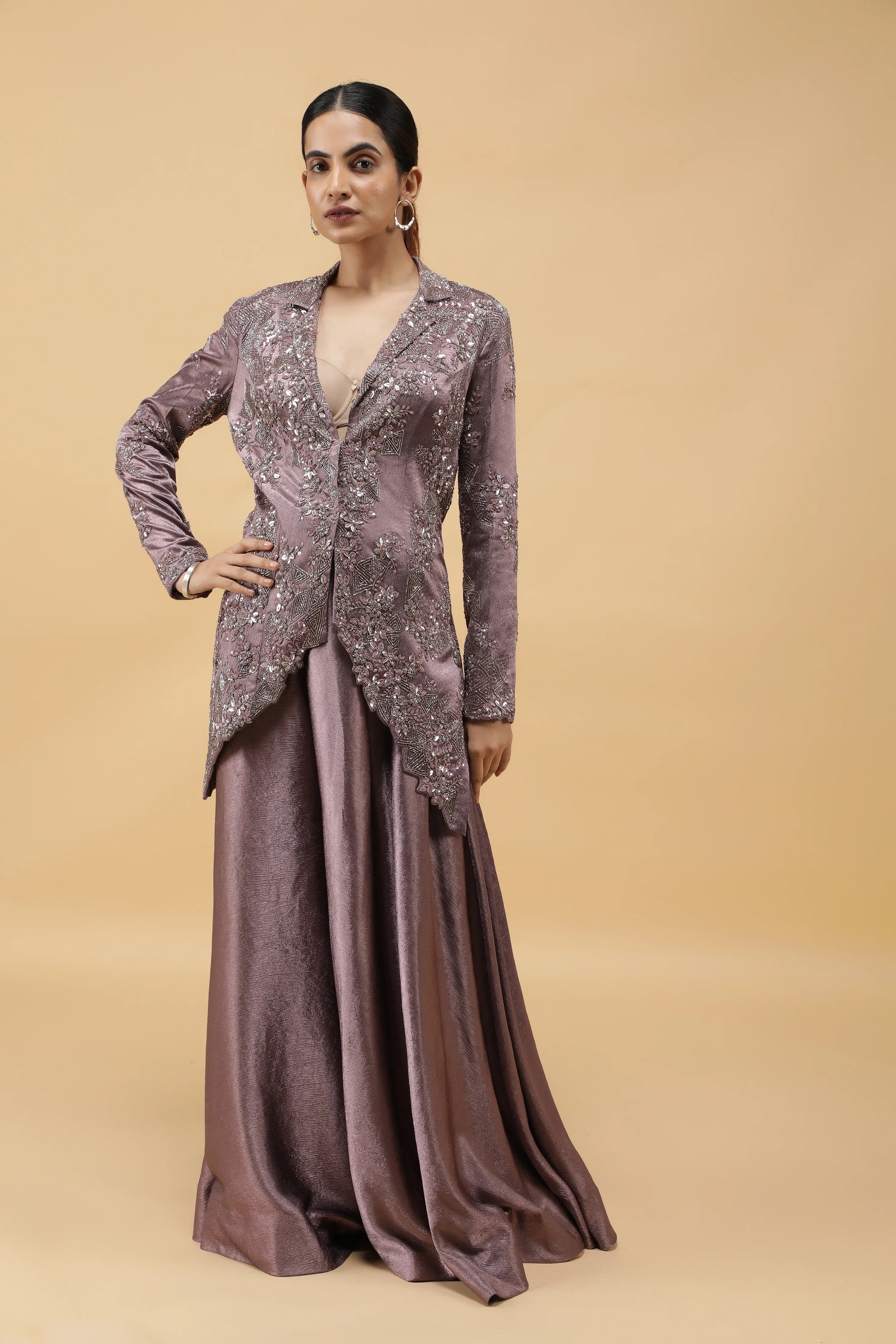 Mauve Textured Silk Embroidered Jacket Set - Mokshaa