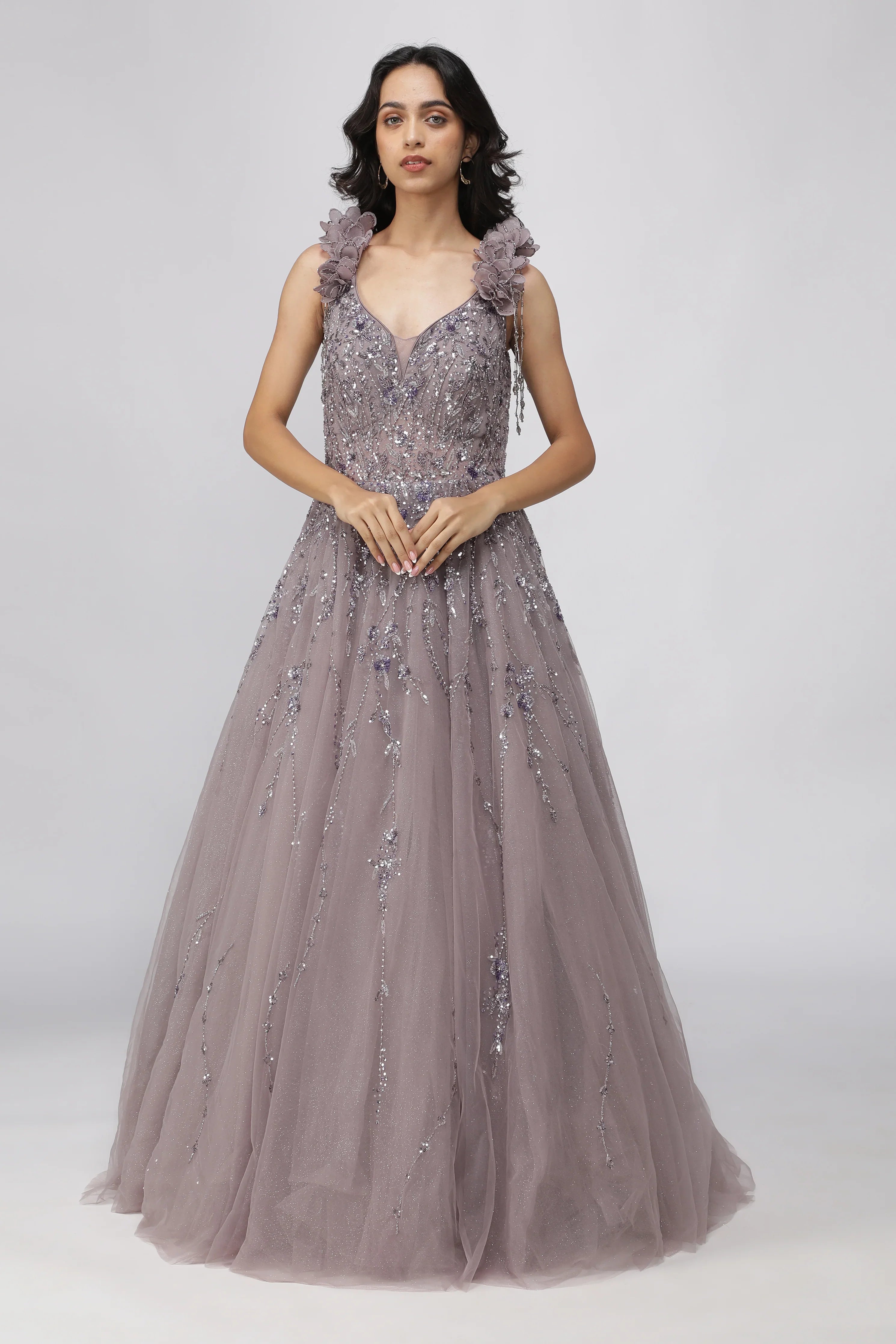 Dusty Purple Net Gown with Sequin and Pearl Embroidery - Mokshaa