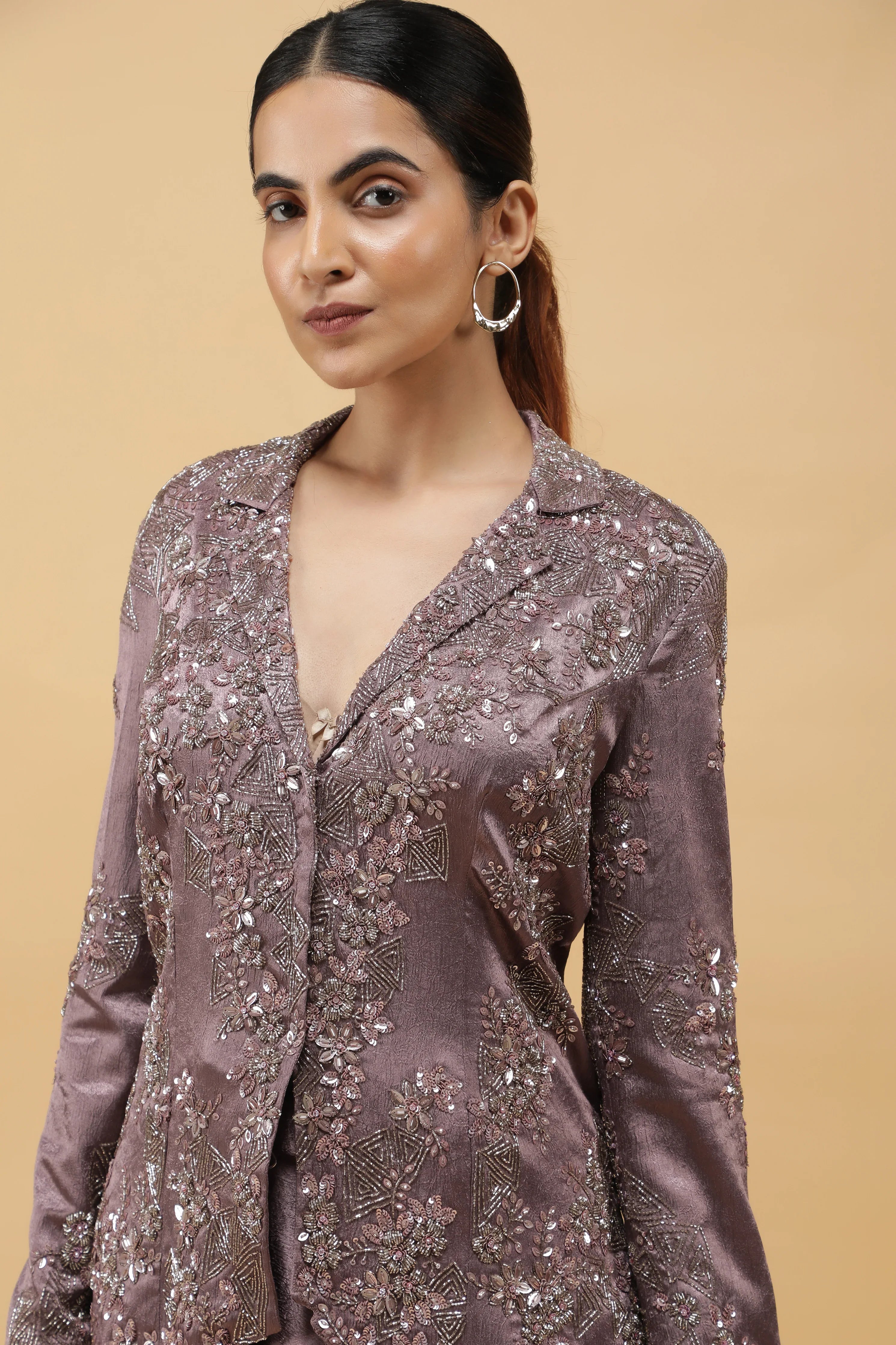 Mauve Textured Silk Embroidered Jacket Set - Mokshaa