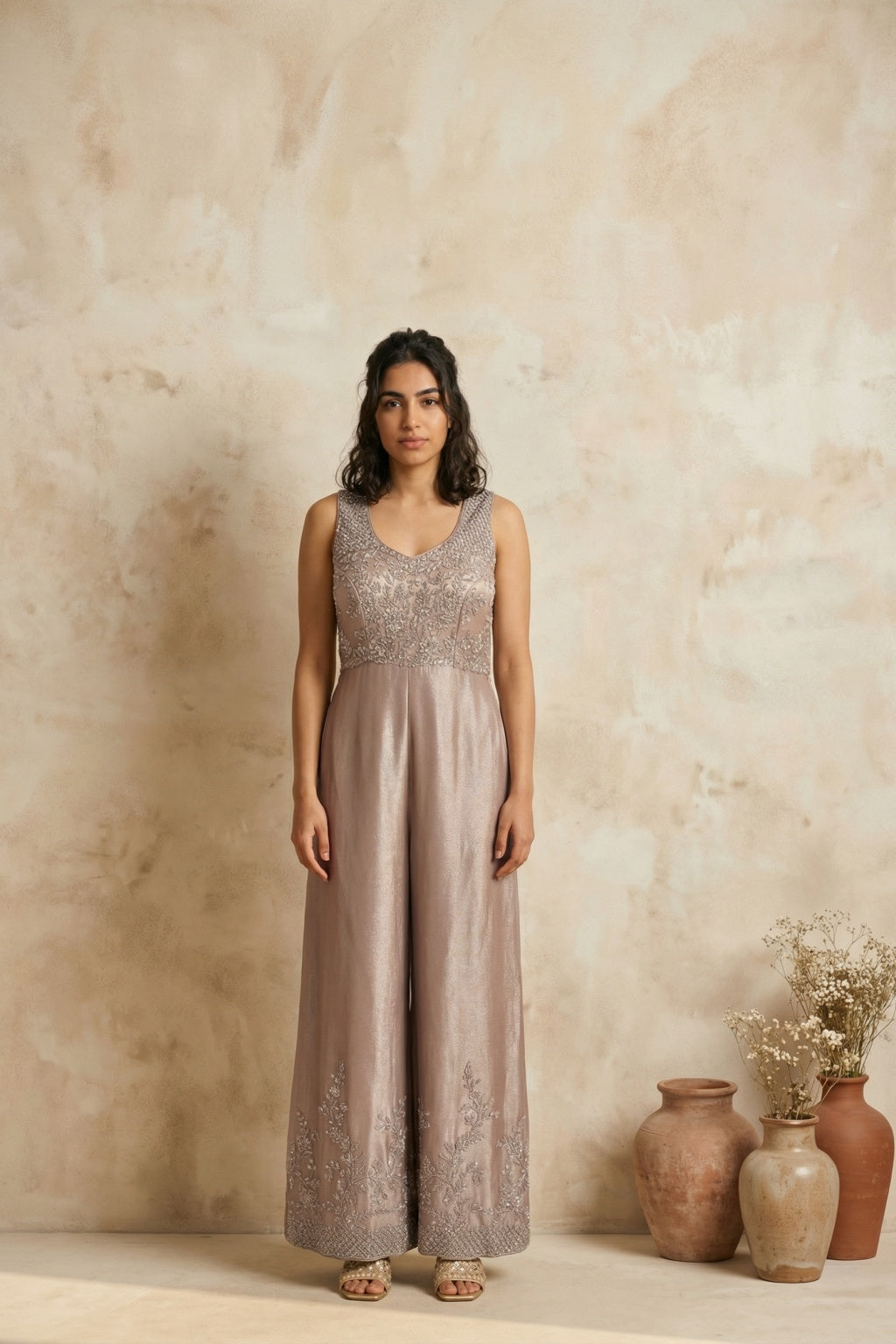 Shimmer Crepe Embellished Jumpsuit - Mokshaa