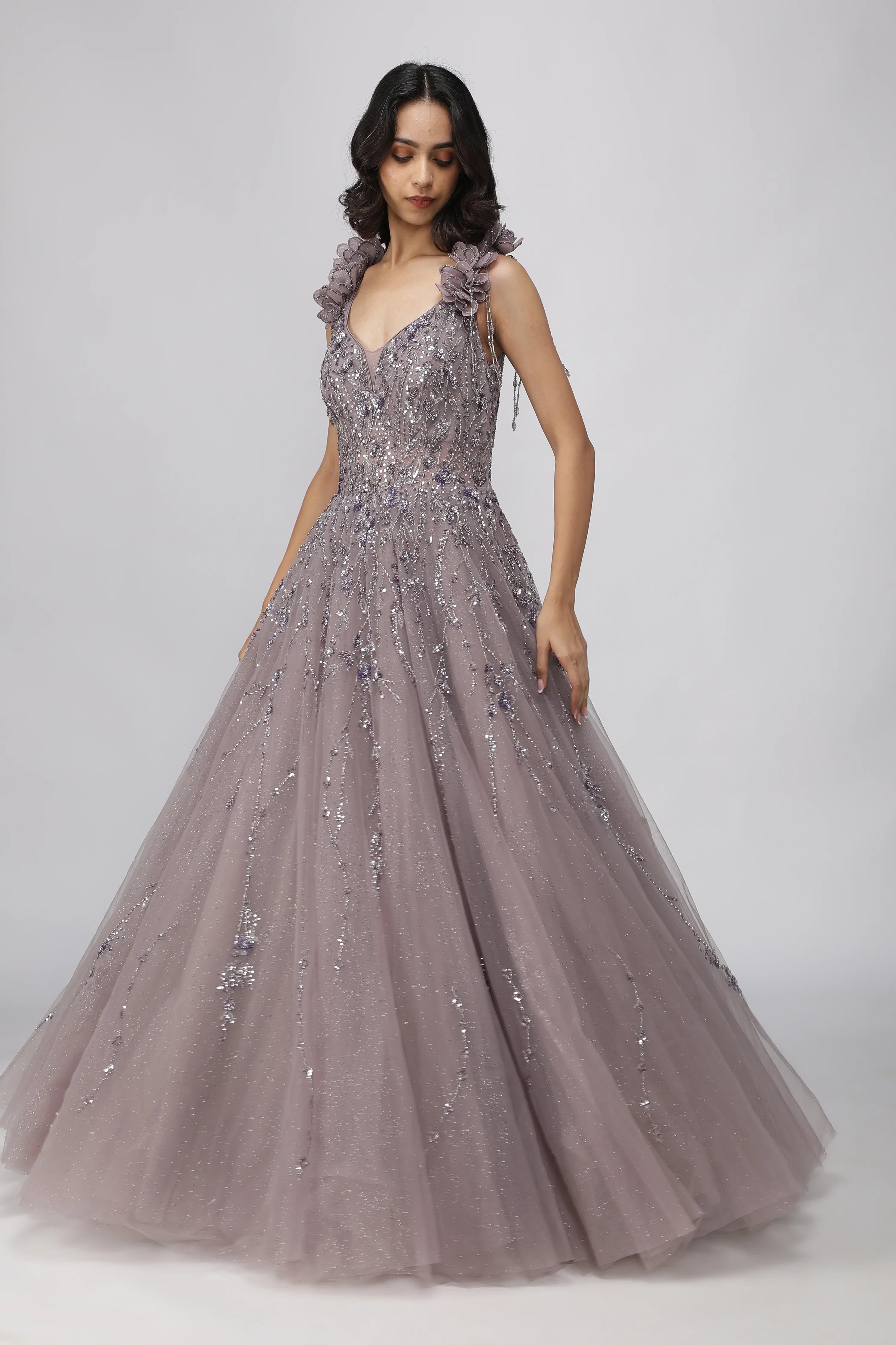 Dusty Purple Net Gown with Sequin and Pearl Embroidery - Mokshaa