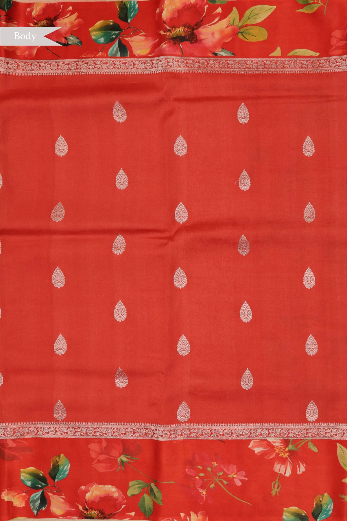 Red Tussar Silk Saree with Floral Digital Print Border - Mokshaa