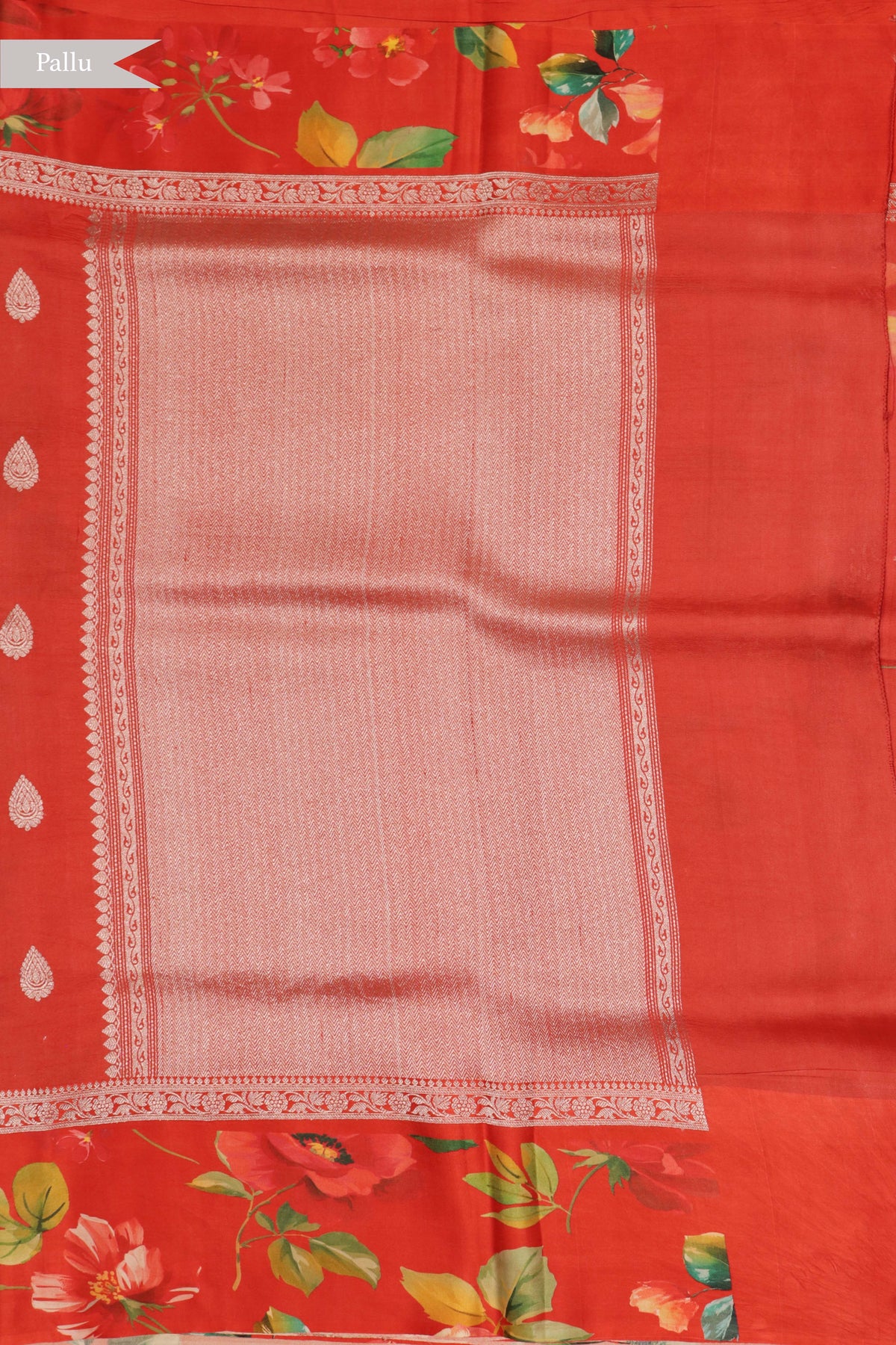 Red Tussar Silk Saree with Floral Digital Print Border - Mokshaa