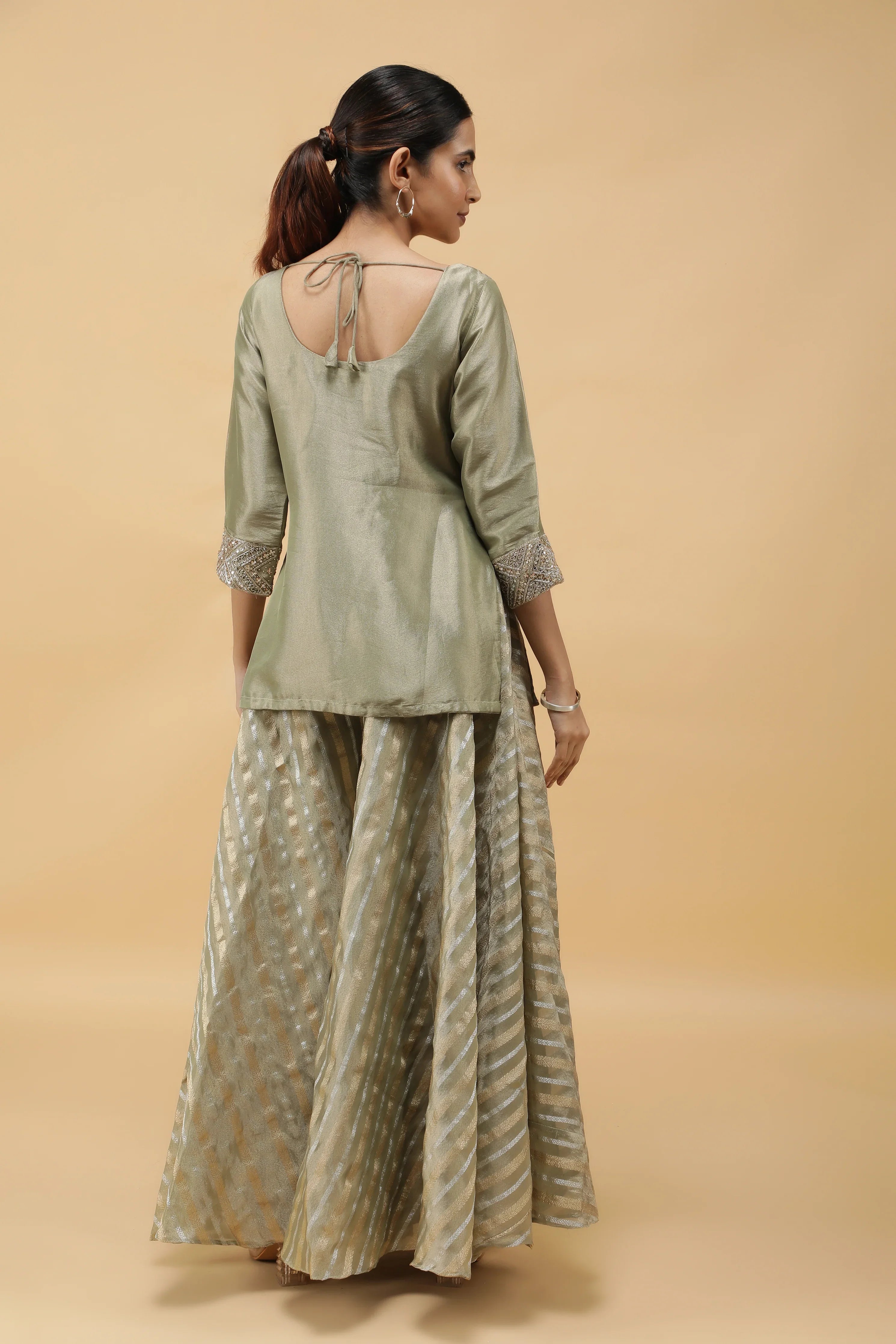 Sage Banarasi Tissue Indo-western Top & Palazzo Set - Mokshaa
