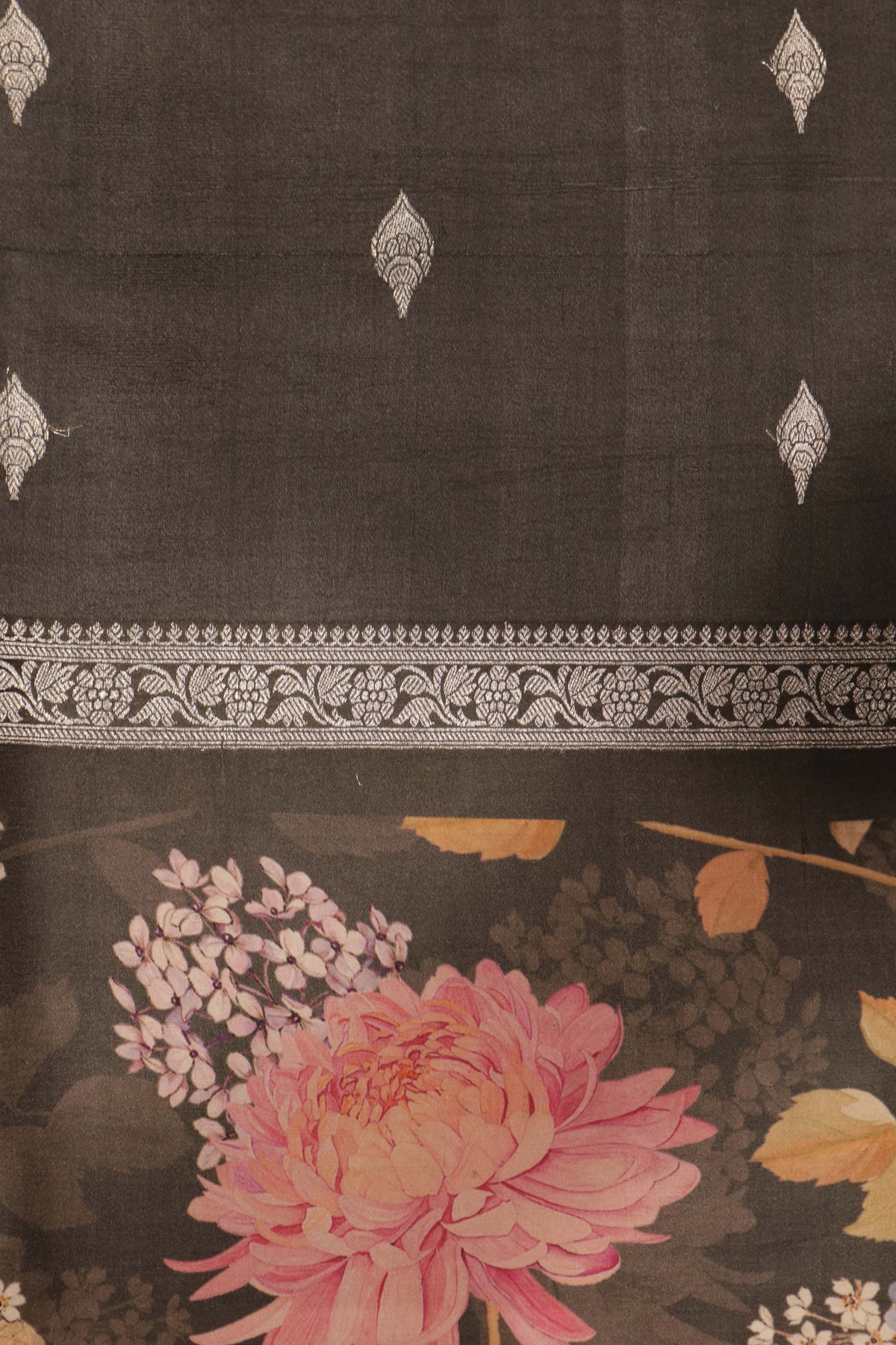Grey Tussar Silk Saree with Digital Floral Border - Mokshaa