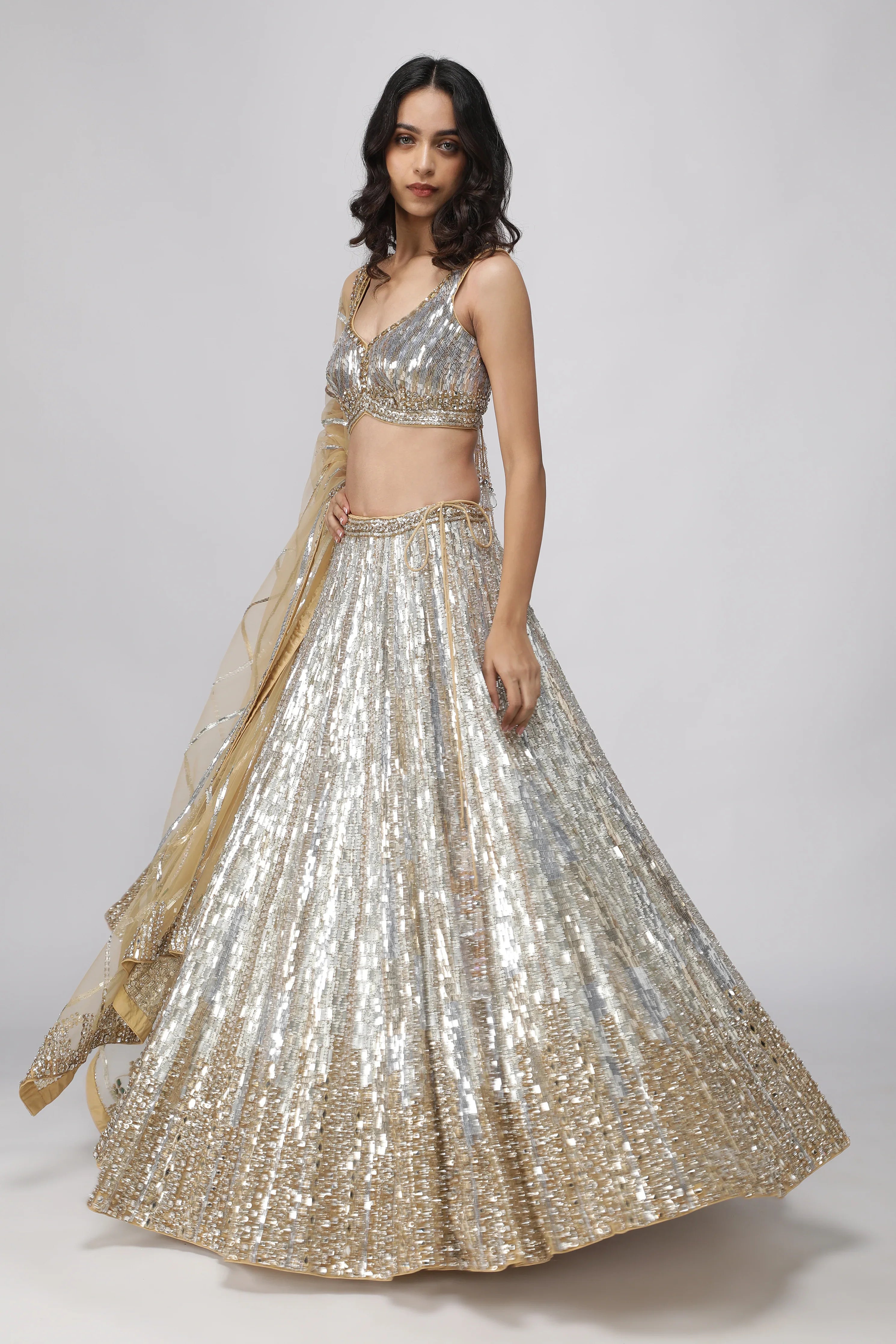 Gold Net Silver & Gold Embroidered Lehenga Set - Mokshaa
