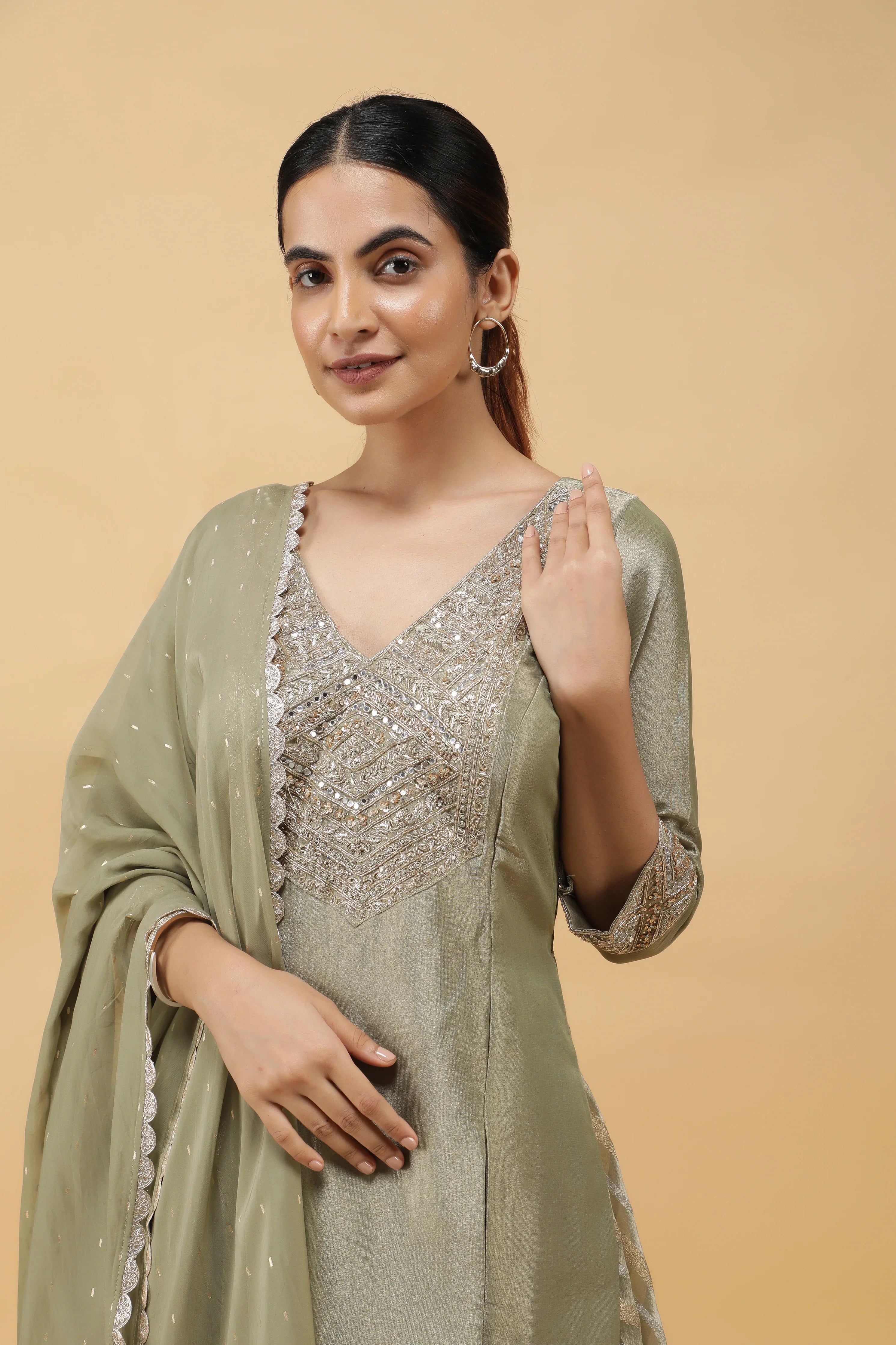Sage Banarasi Tissue Indo-western Top & Palazzo Set - Mokshaa