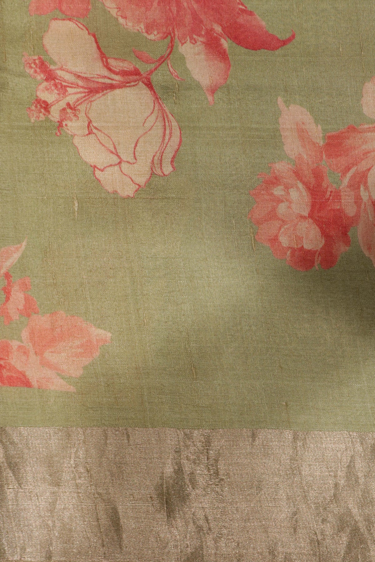 Green Tussar Silk Saree with Floral Print - Mokshaa