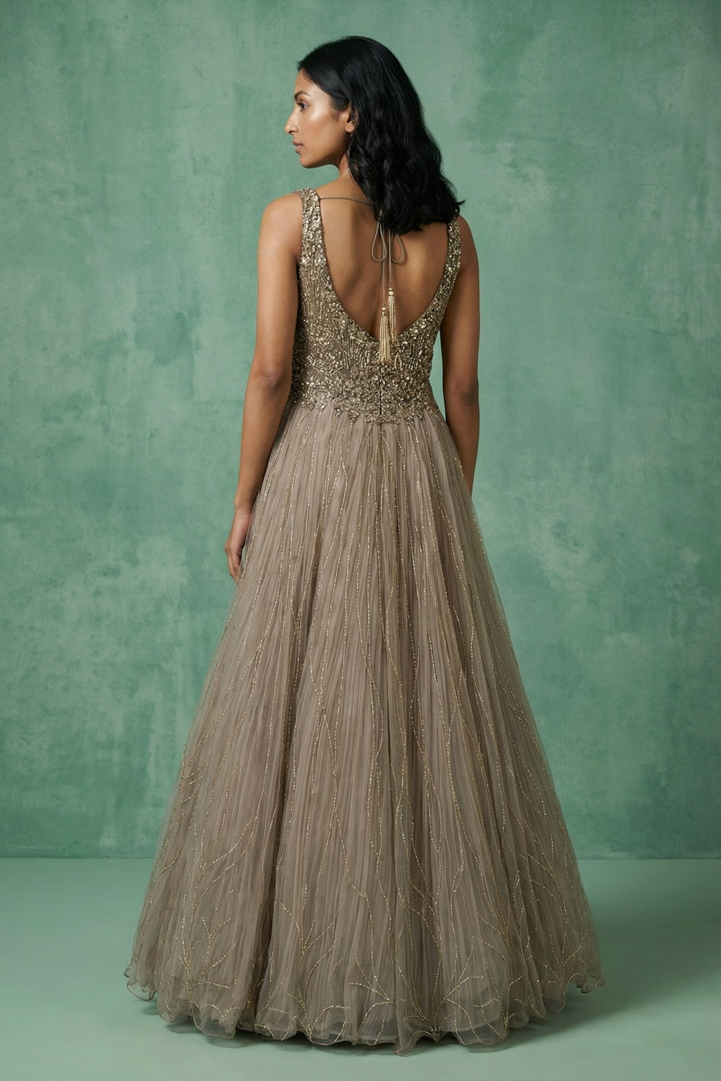Champagne Gold Embroidered Net Gown - Mokshaa