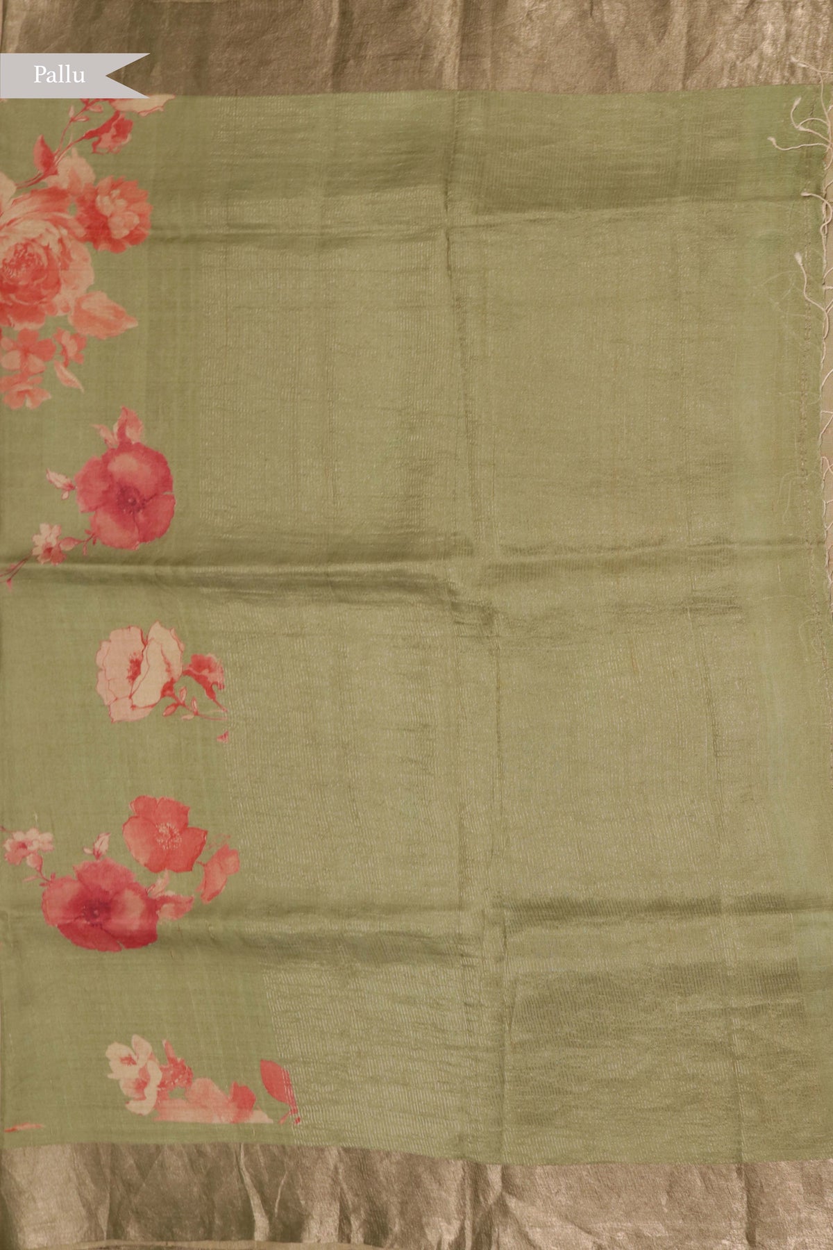 Green Tussar Silk Saree with Floral Print - Mokshaa