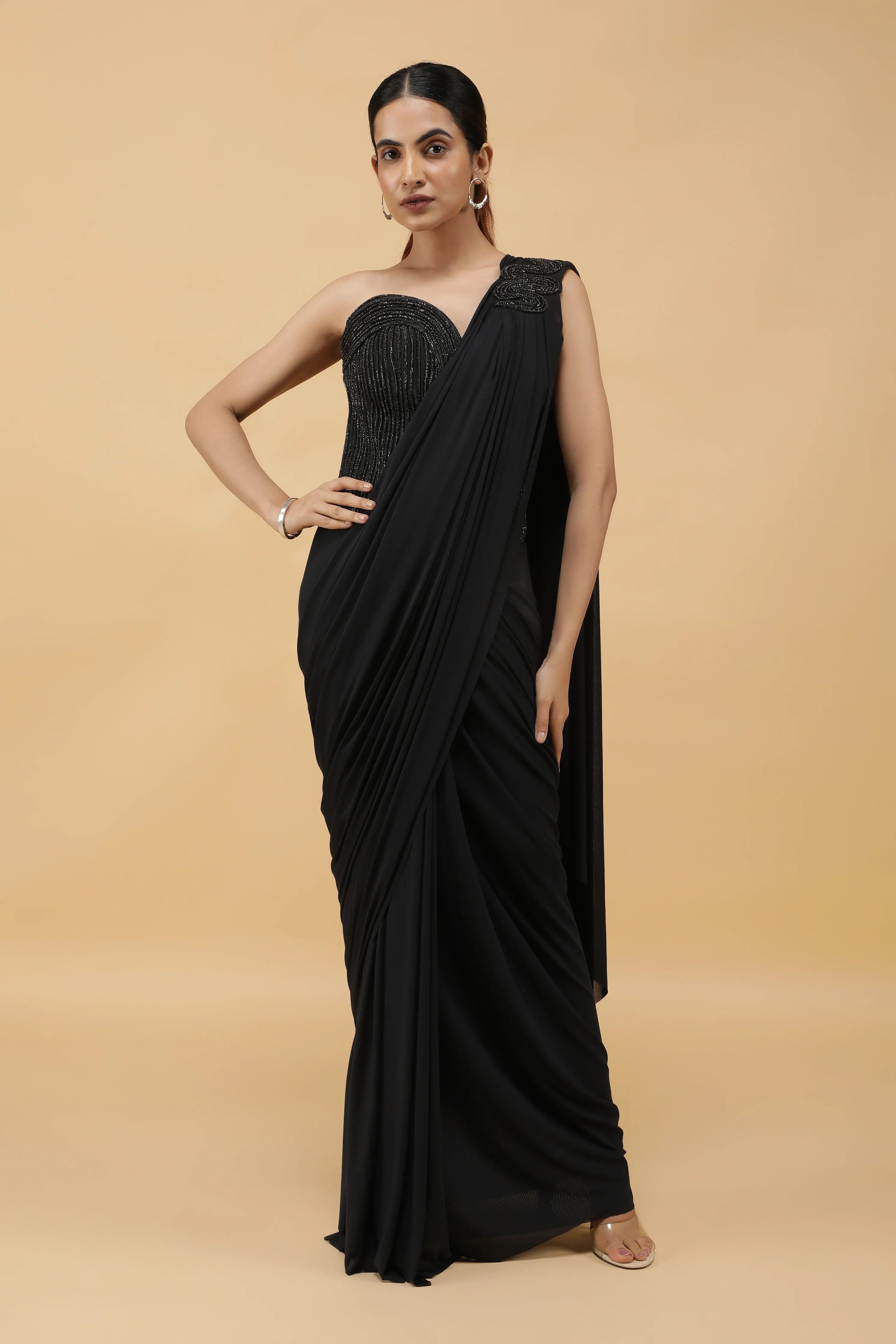 Black Lycra Net Corset Blouse with Drape Saree - Mokshaa