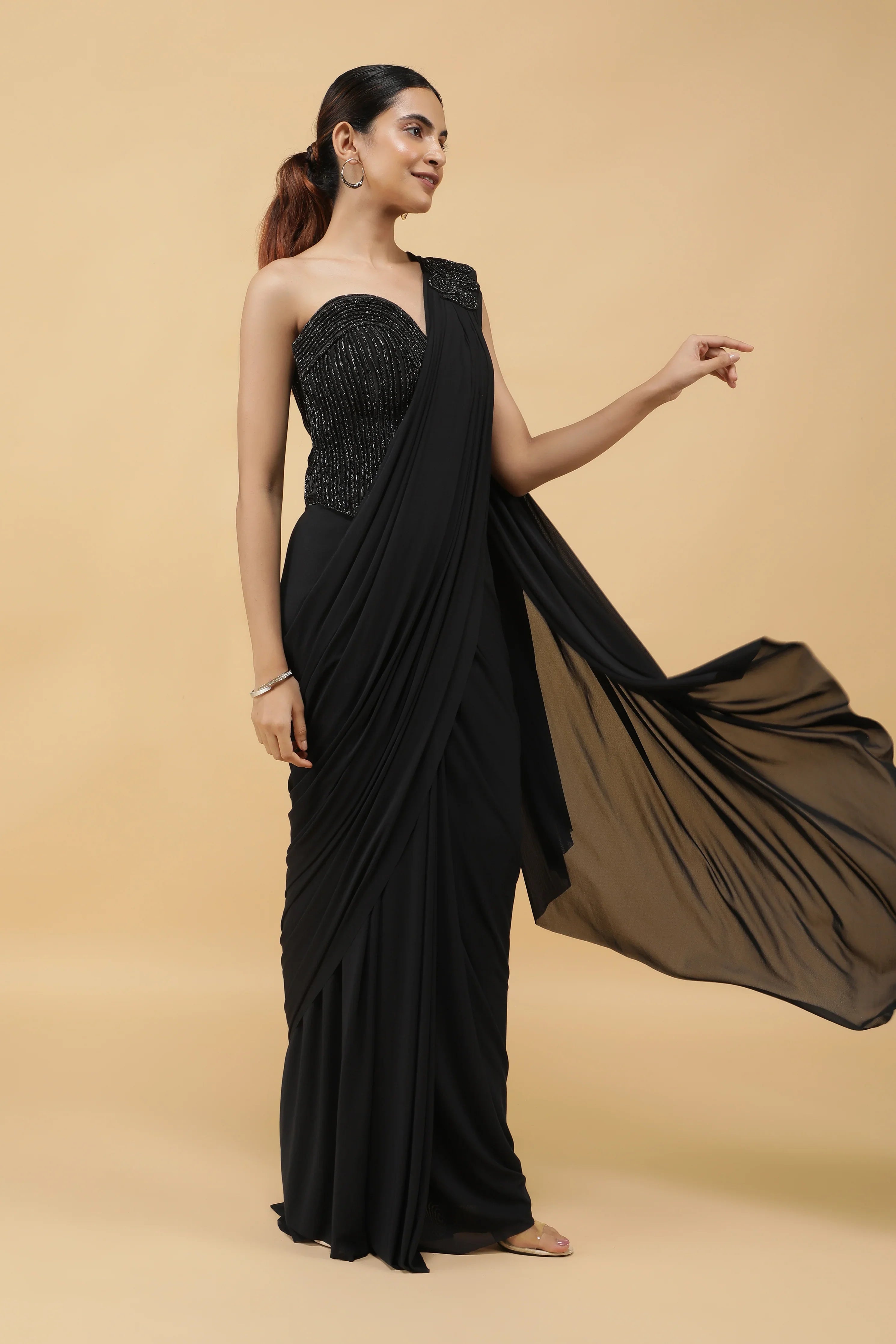 Black Lycra Net Corset Blouse with Drape Saree - Mokshaa