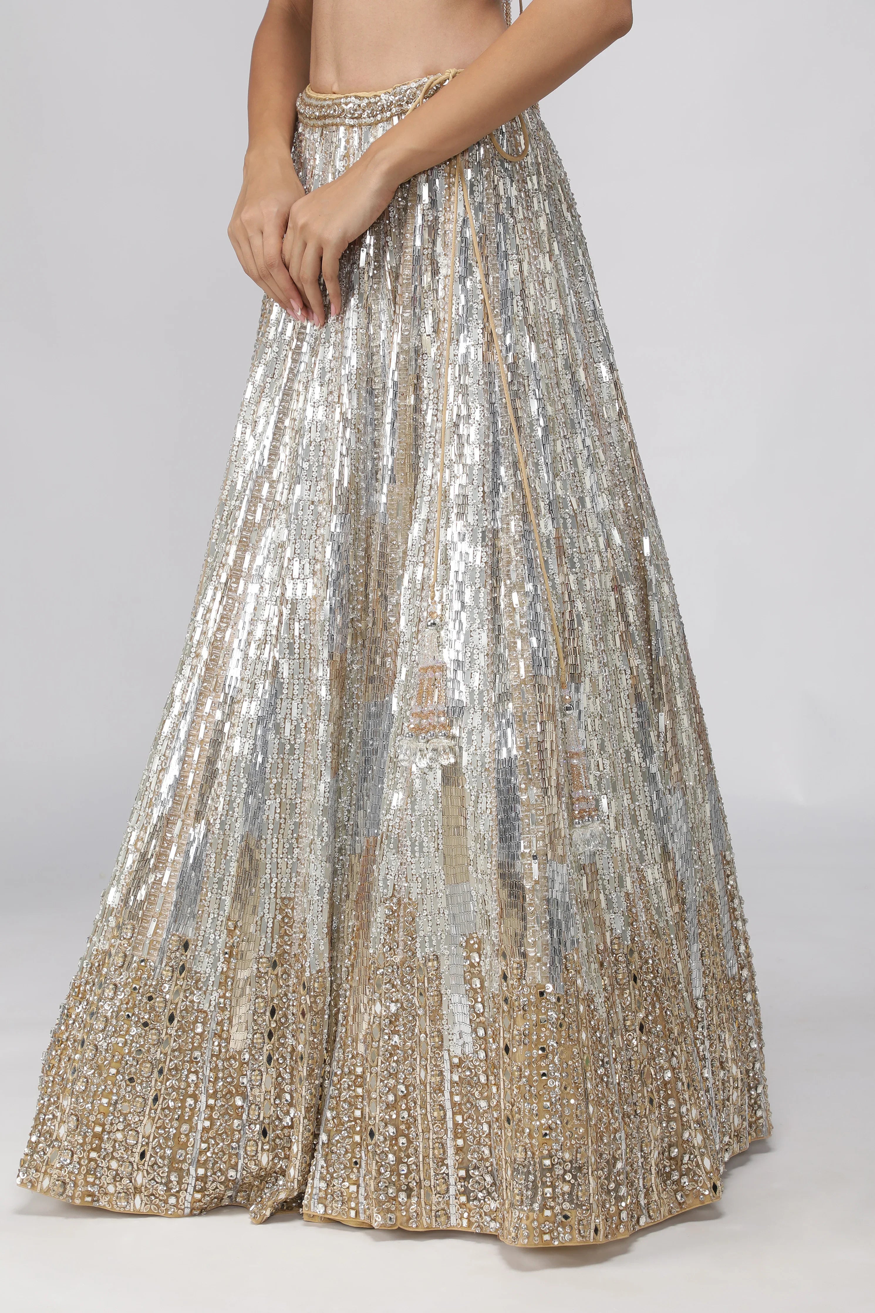 Gold Net Silver & Gold Embroidered Lehenga Set - Mokshaa