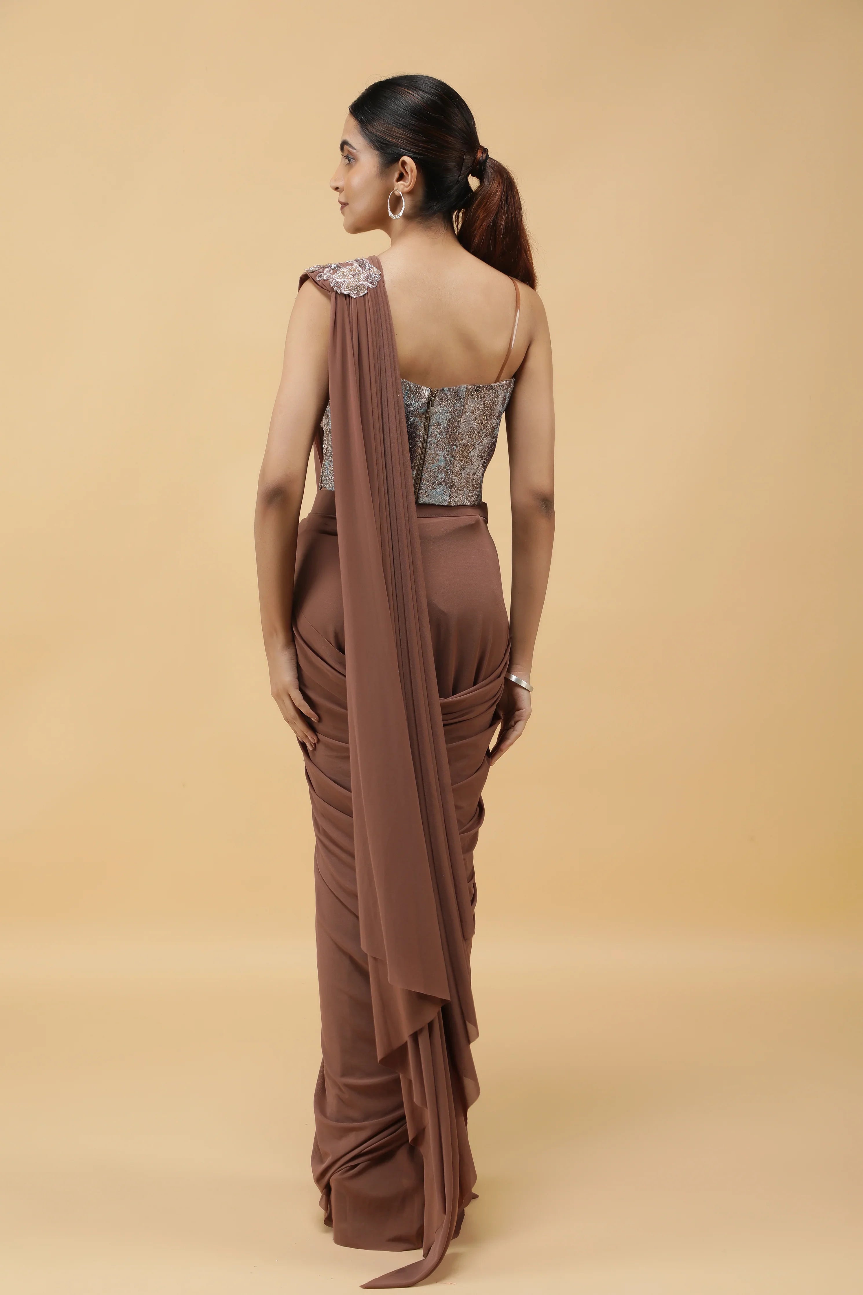 Mocha Lycra Net Drape Saree with Pastel Embroidered Corset Blouse - Mokshaa