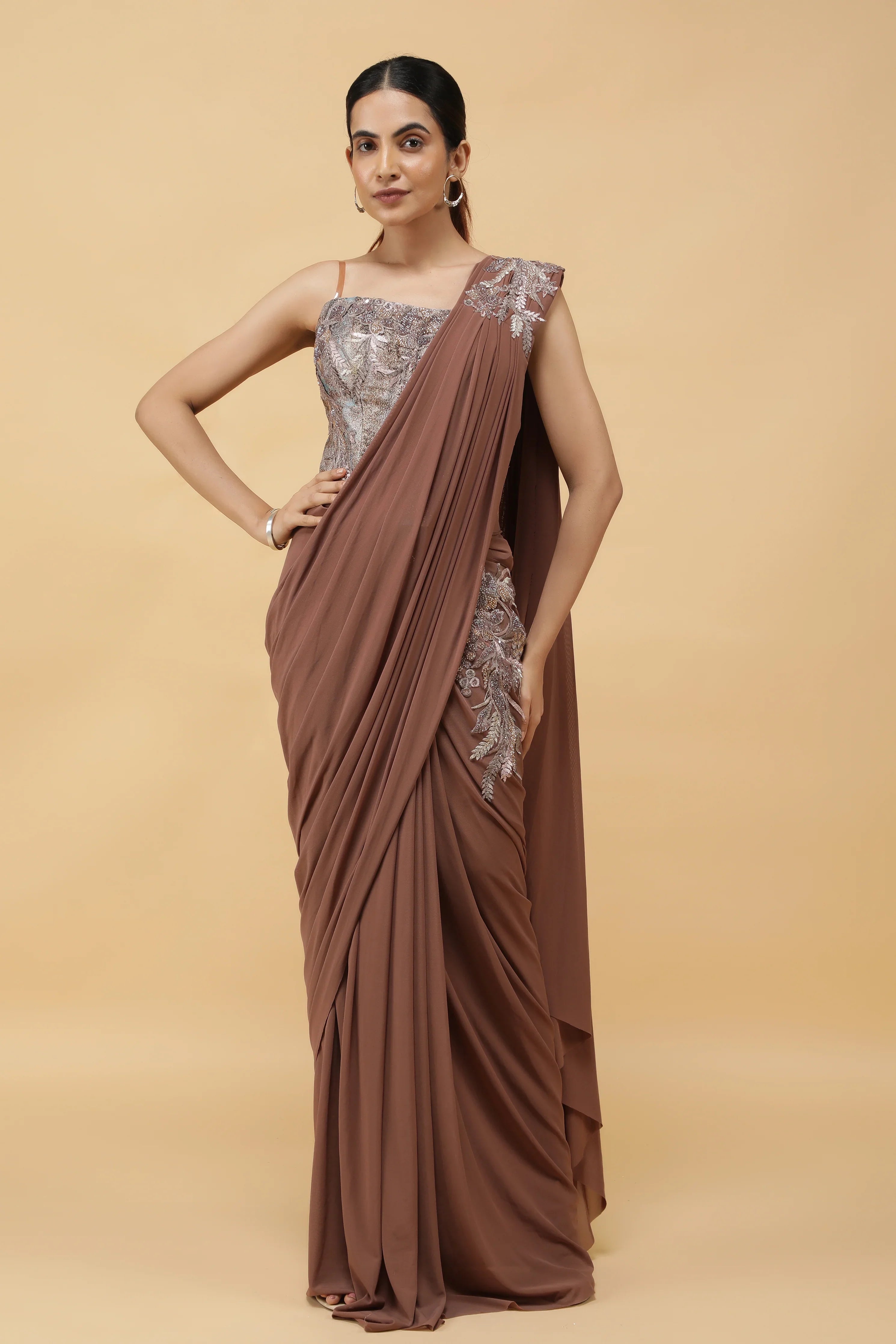 Mocha Lycra Net Drape Saree with Pastel Embroidered Corset Blouse - Mokshaa