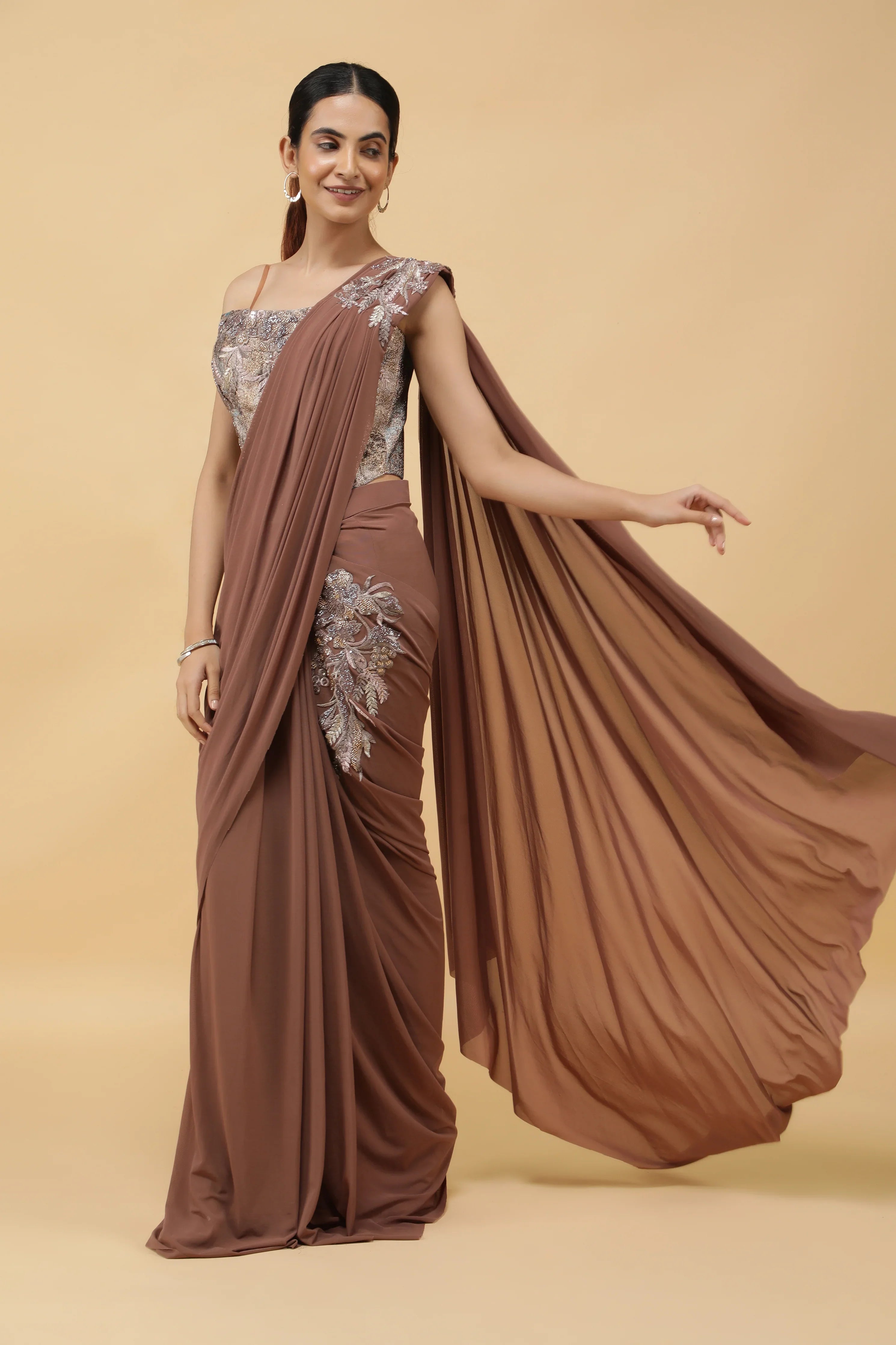 Mocha Lycra Net Drape Saree with Pastel Embroidered Corset Blouse - Mokshaa