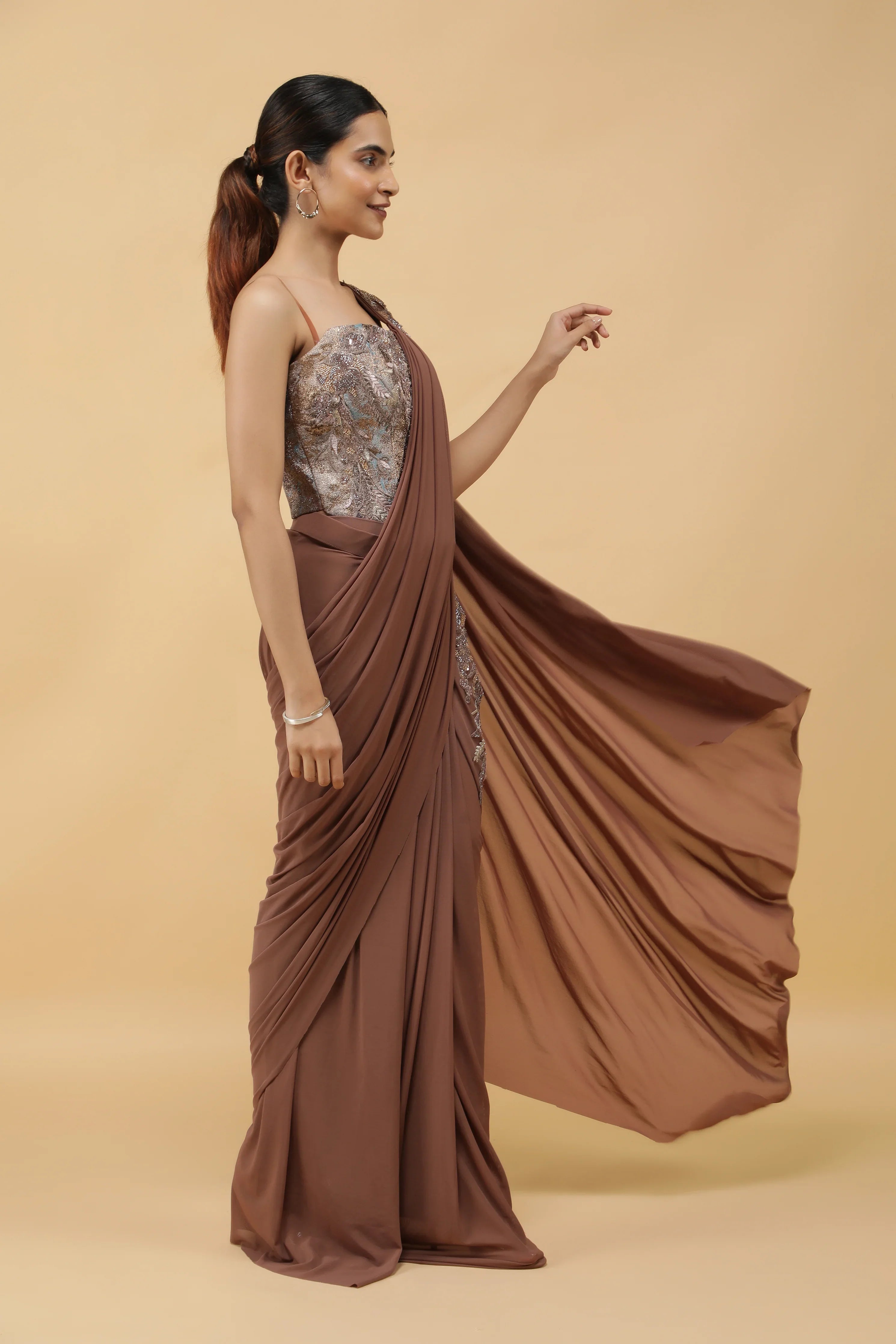 Mocha Lycra Net Drape Saree with Pastel Embroidered Corset Blouse - Mokshaa