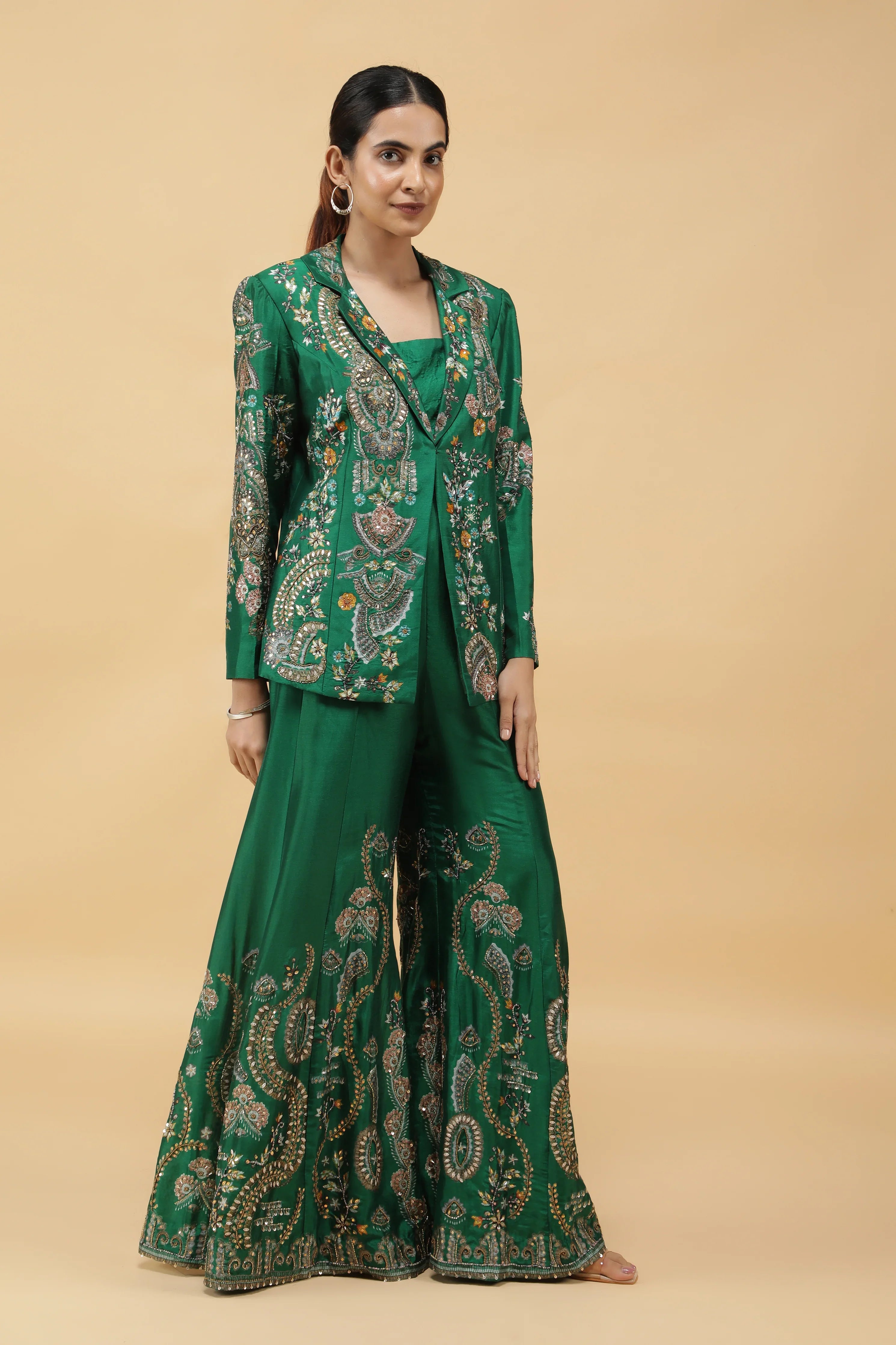 Emerald Silk Printed Blazer Indowestern Set - Mokshaa