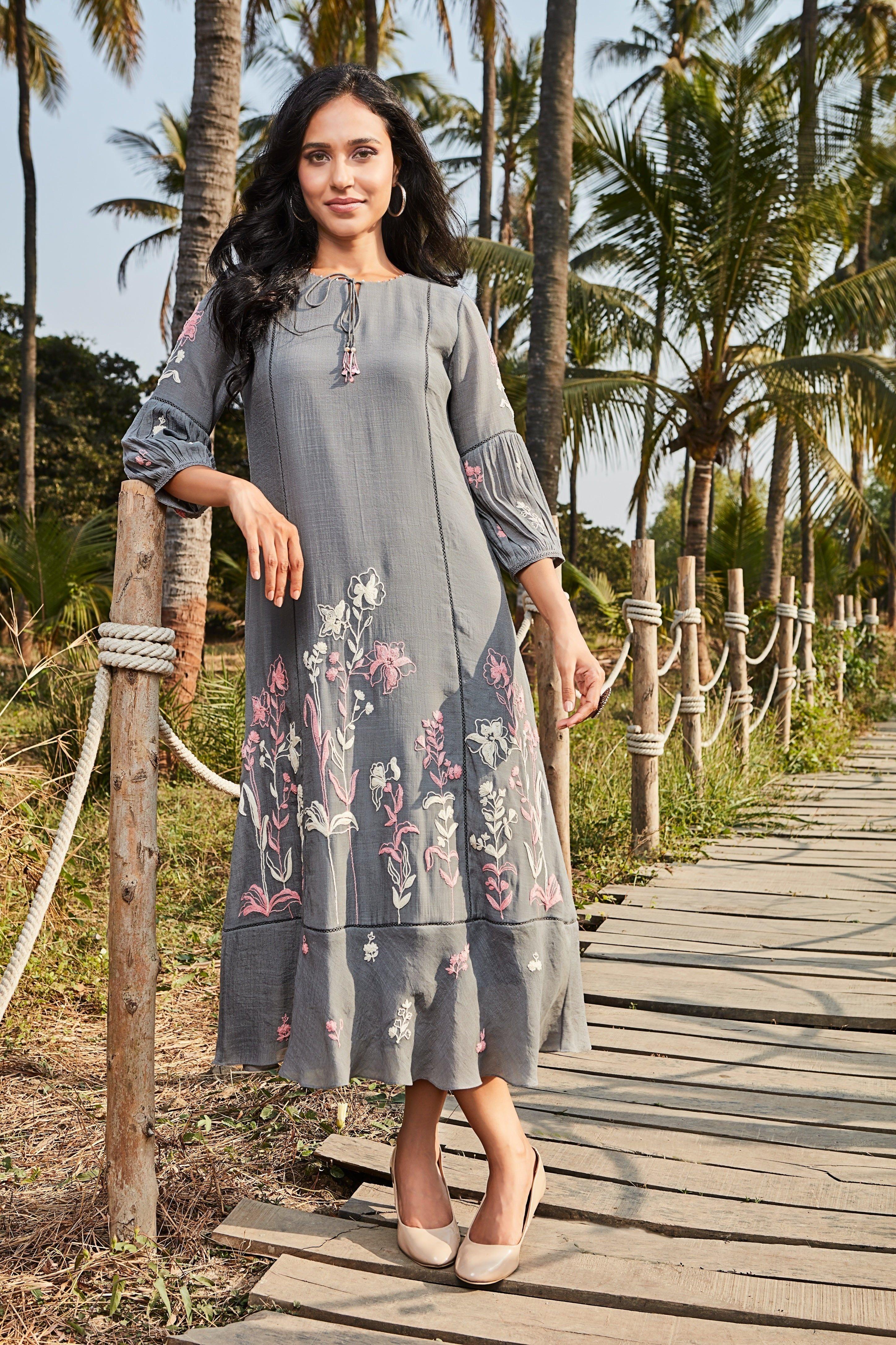 Steel Grey Embroidered Cotton Midi Dress - Mokshaa