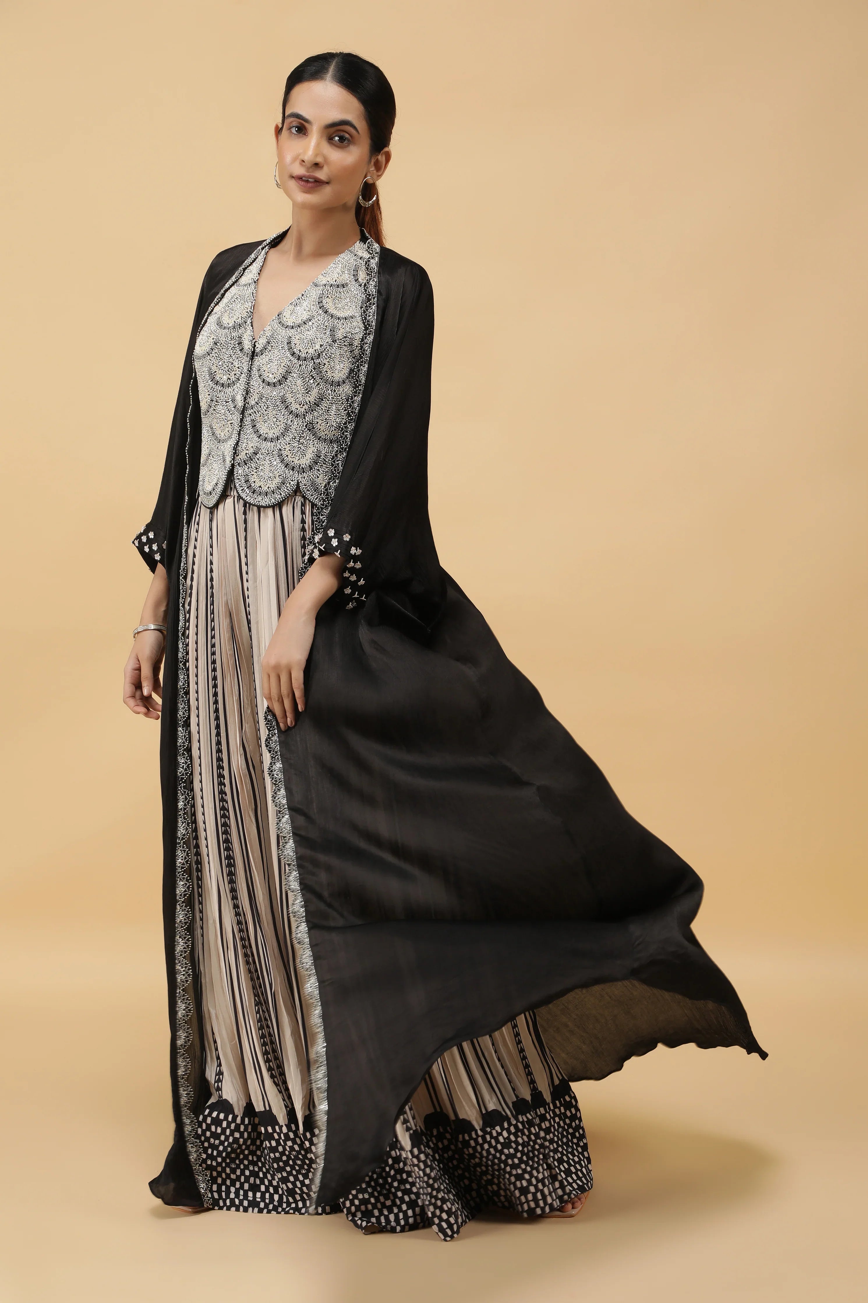 Monochrome Printed Crepe Indowestern Set - Mokshaa