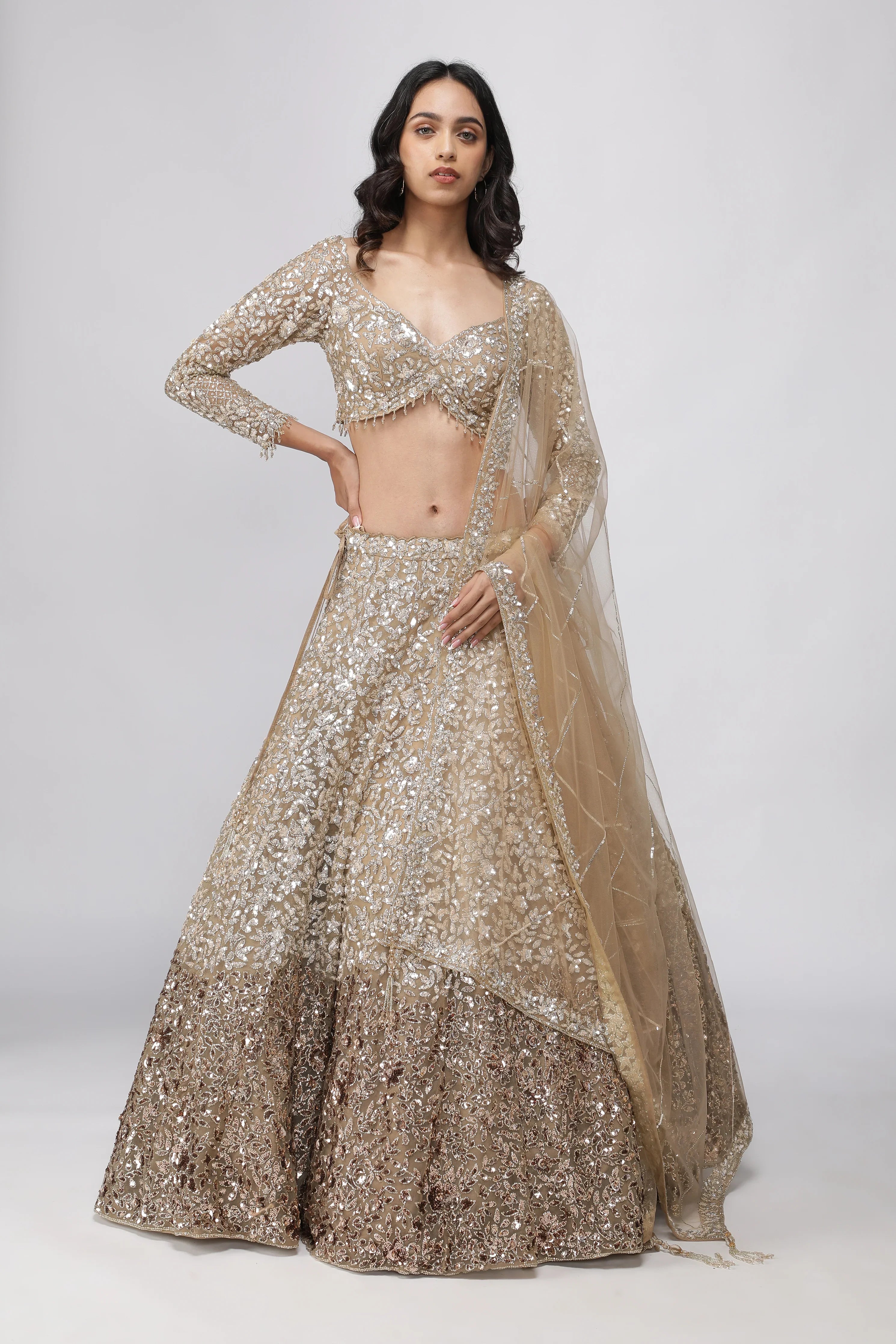 Dark Gold Net Lehenga Set - Mokshaa