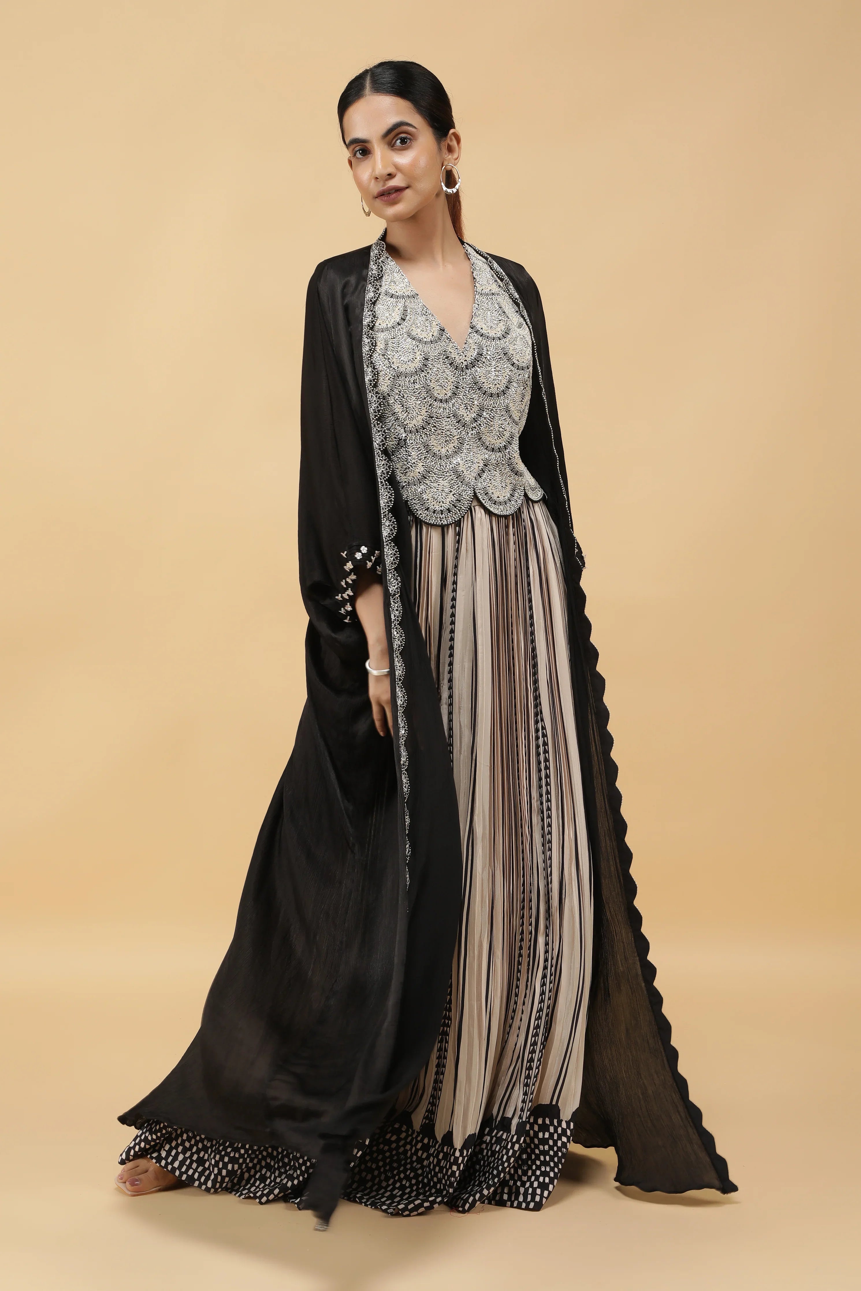 Monochrome Printed Crepe Indowestern Set - Mokshaa