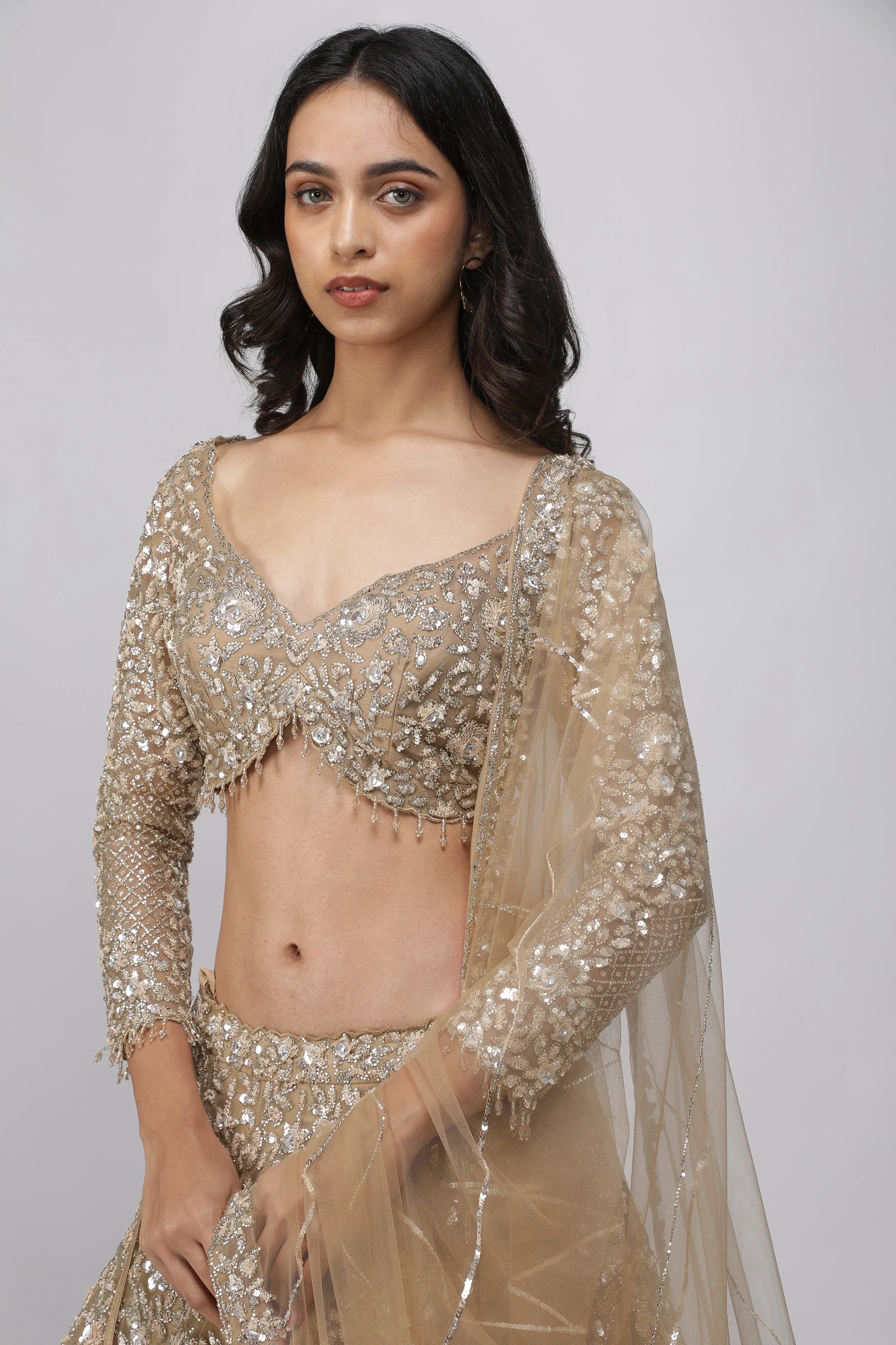 Dark Gold Net Lehenga Set - Mokshaa