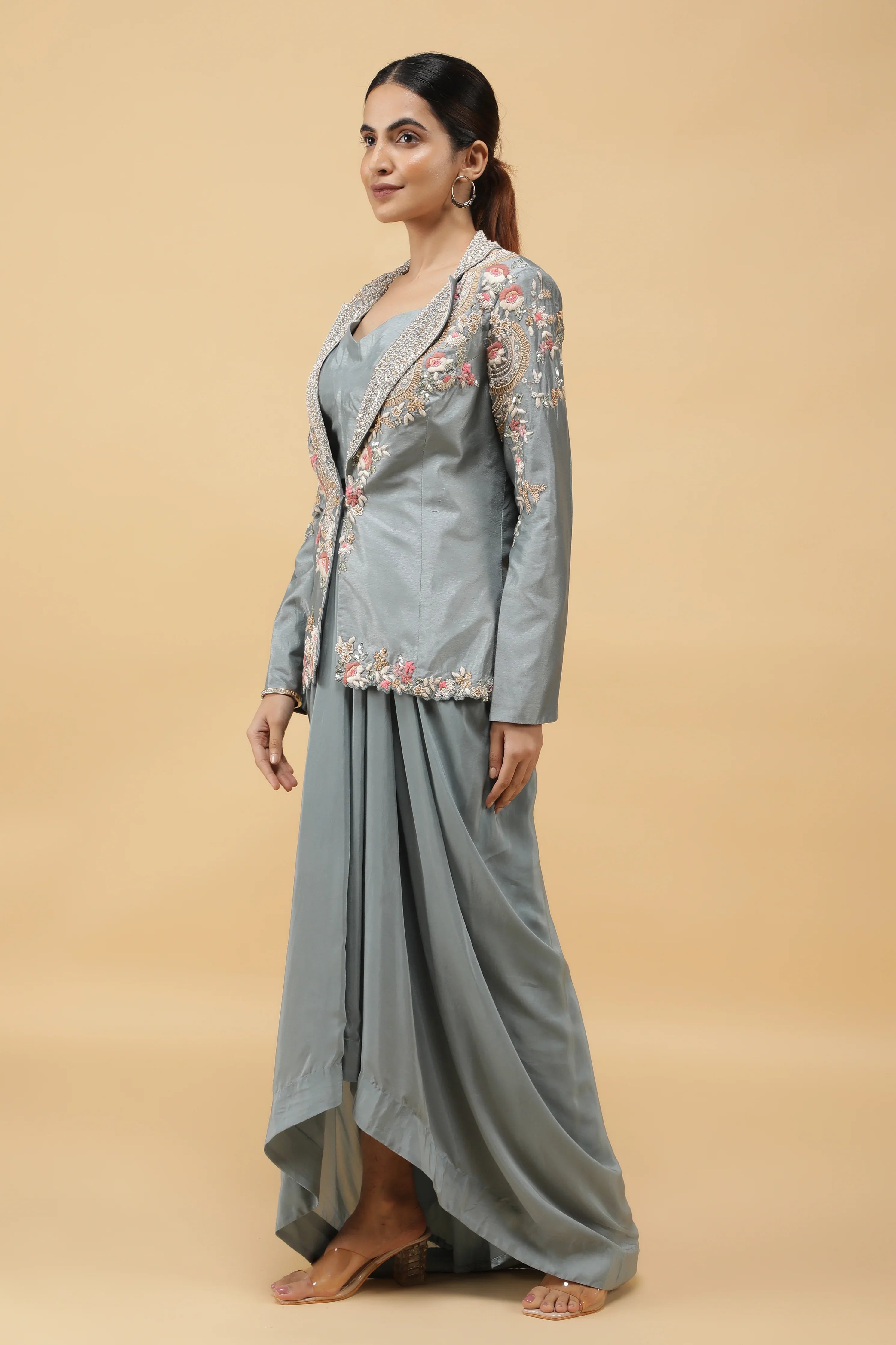 Smoky Blue Embroidered Silk Blazer with Draped Crepe Skirt - Mokshaa