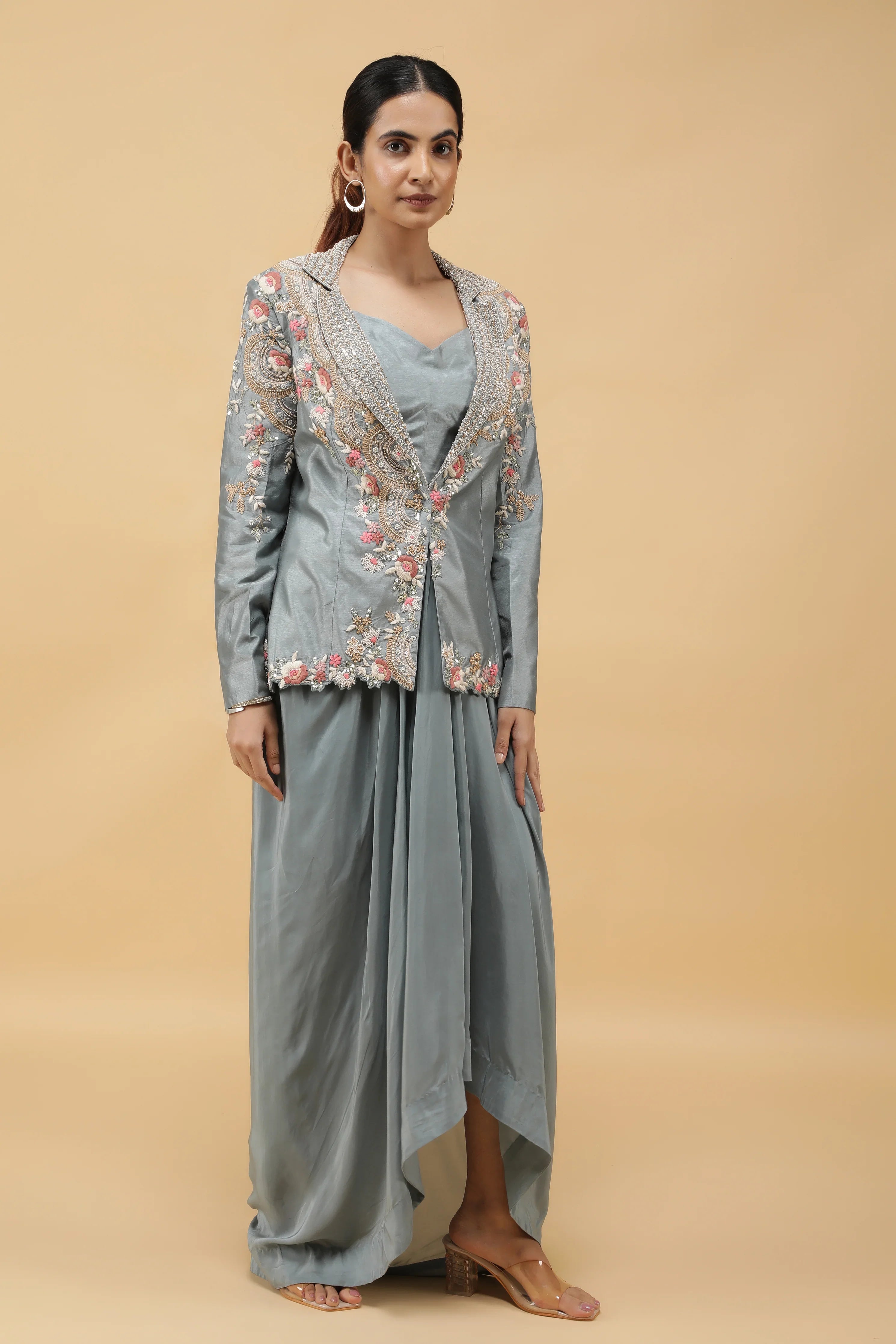 Smoky Blue Embroidered Silk Blazer with Draped Crepe Skirt - Mokshaa