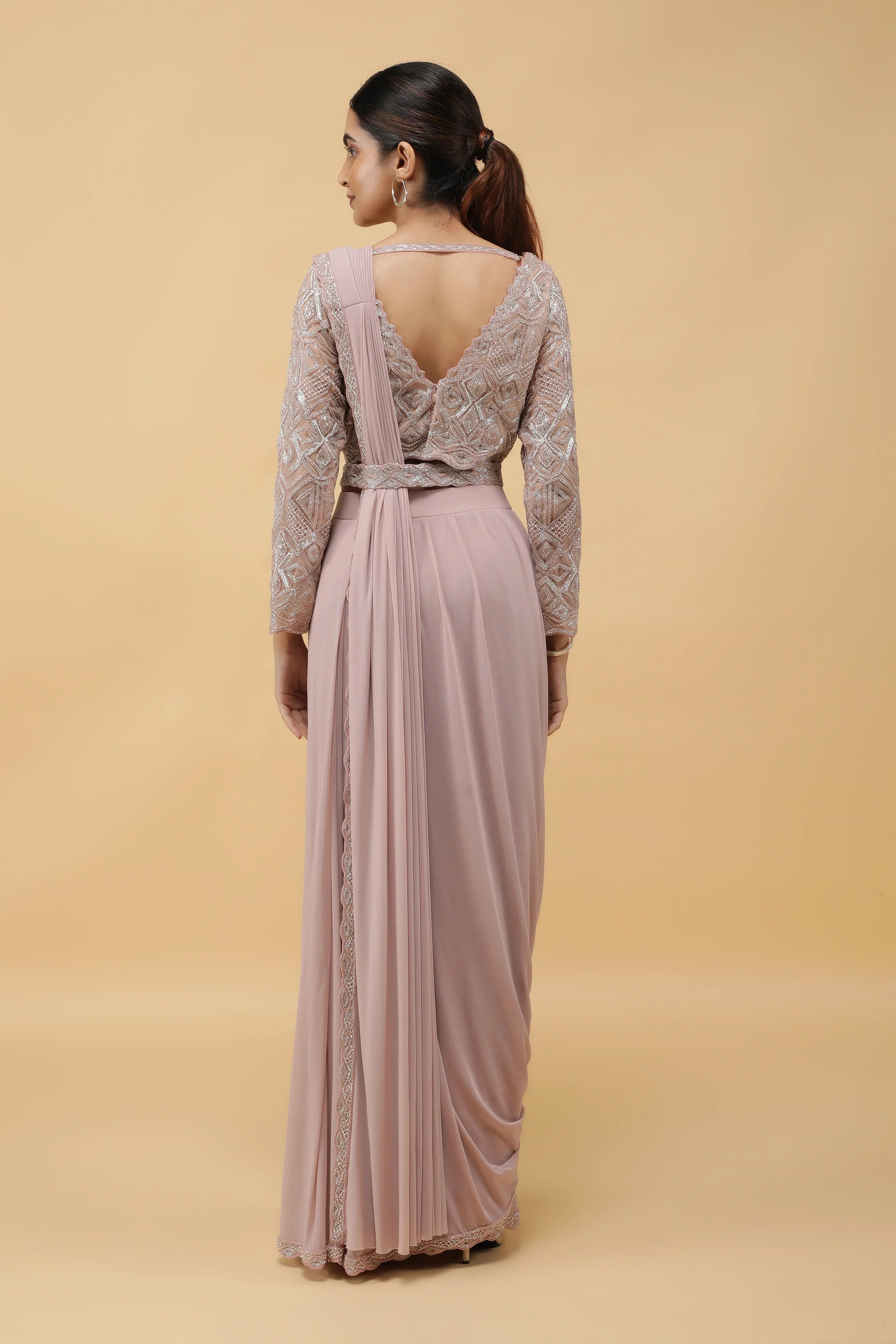 Pastel Mauve Lycra Net Drape Saree with Embroidered Blouse - Mokshaa