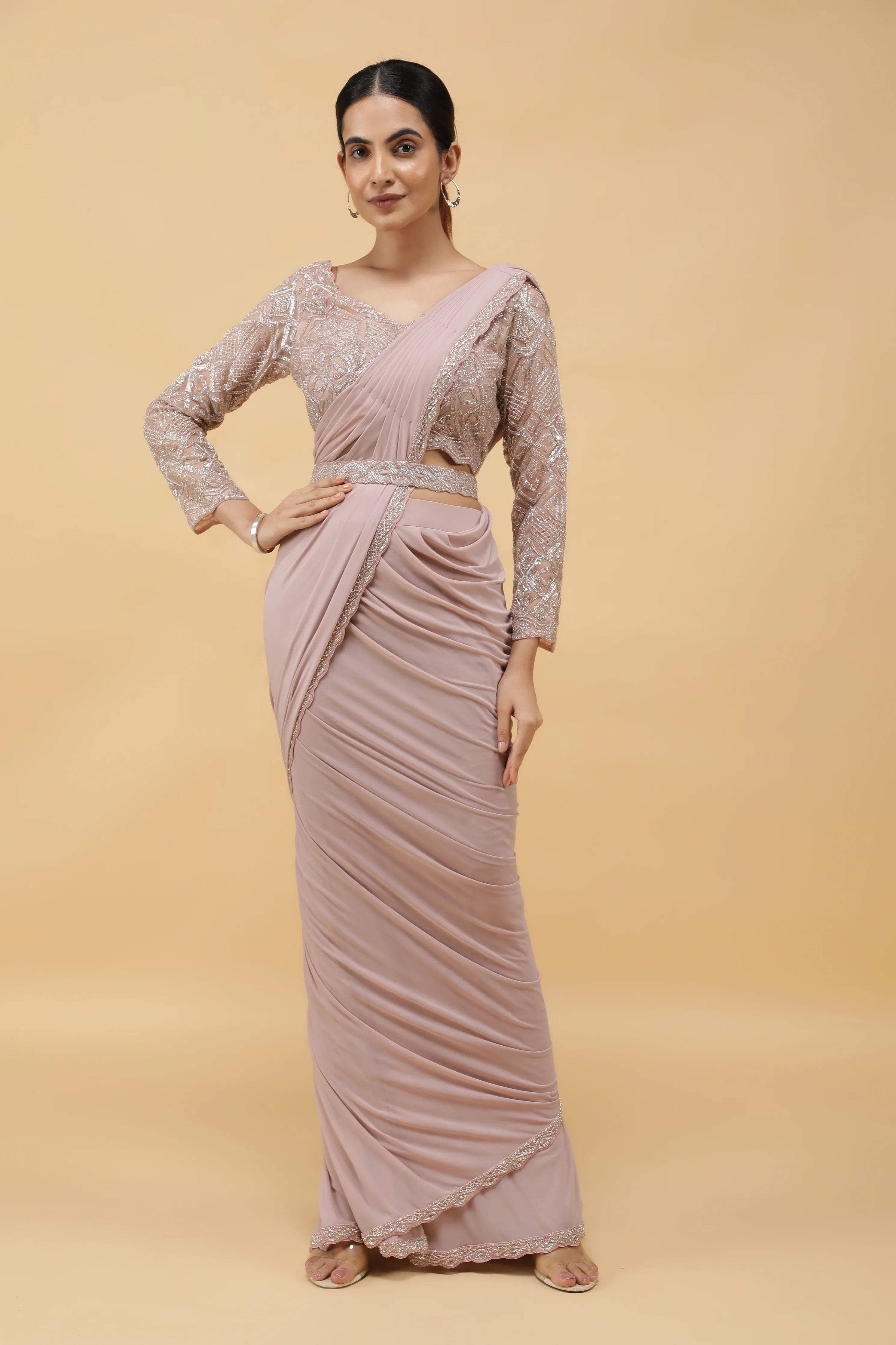 Pastel Mauve Lycra Net Drape Saree with Embroidered Blouse - Mokshaa
