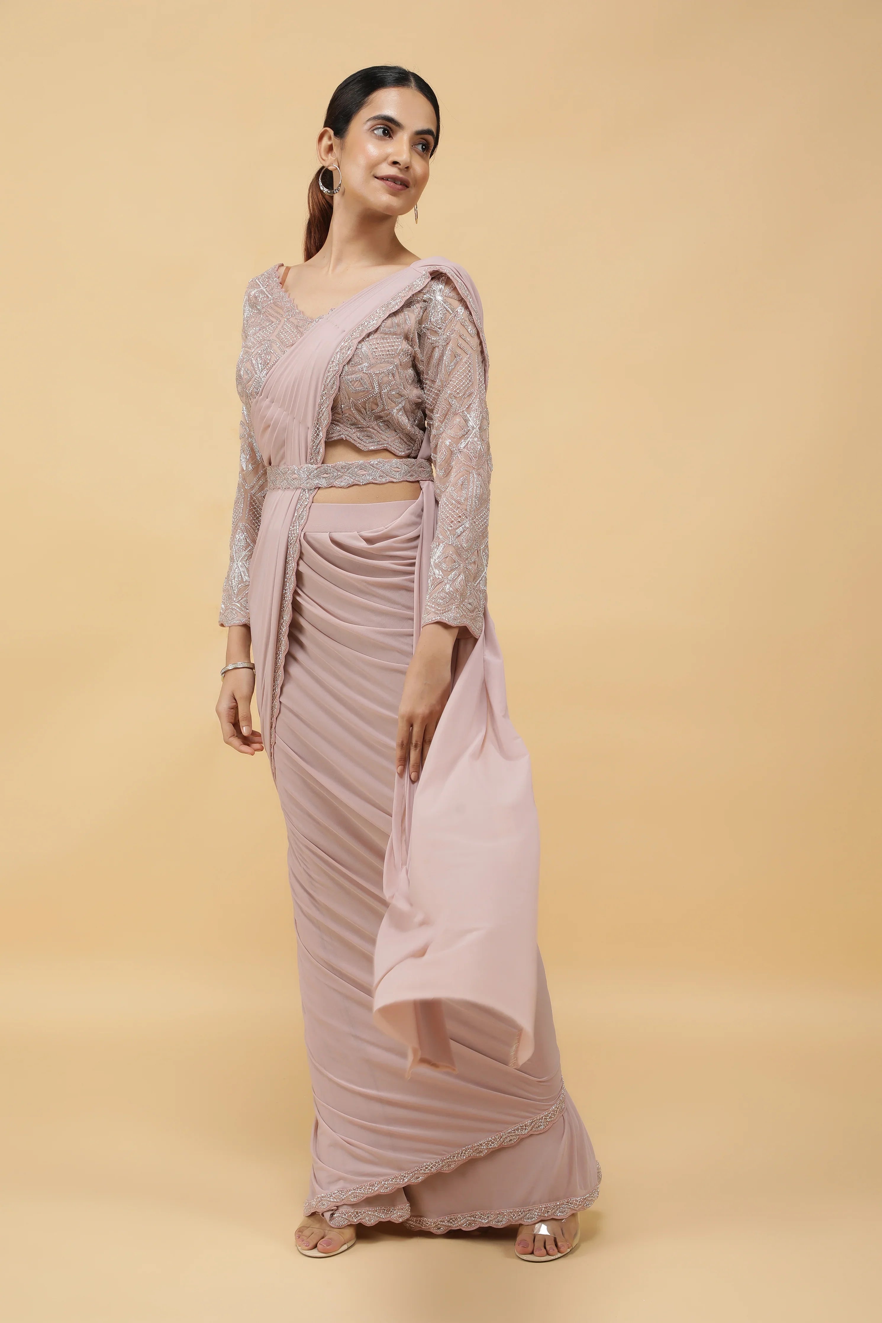 Pastel Mauve Lycra Net Drape Saree with Embroidered Blouse - Mokshaa