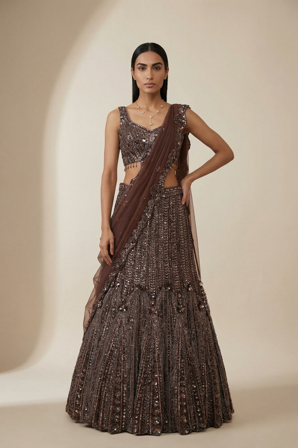 Brown Mermaid Lehenga with Net Dupatta - Mokshaa